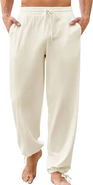 JEShifangjiusu Men Cotton Linen Drawstring Pants Elastic Waist Casual Jogger Yoga Pants Lightweight Summer Trouser Beach Pant