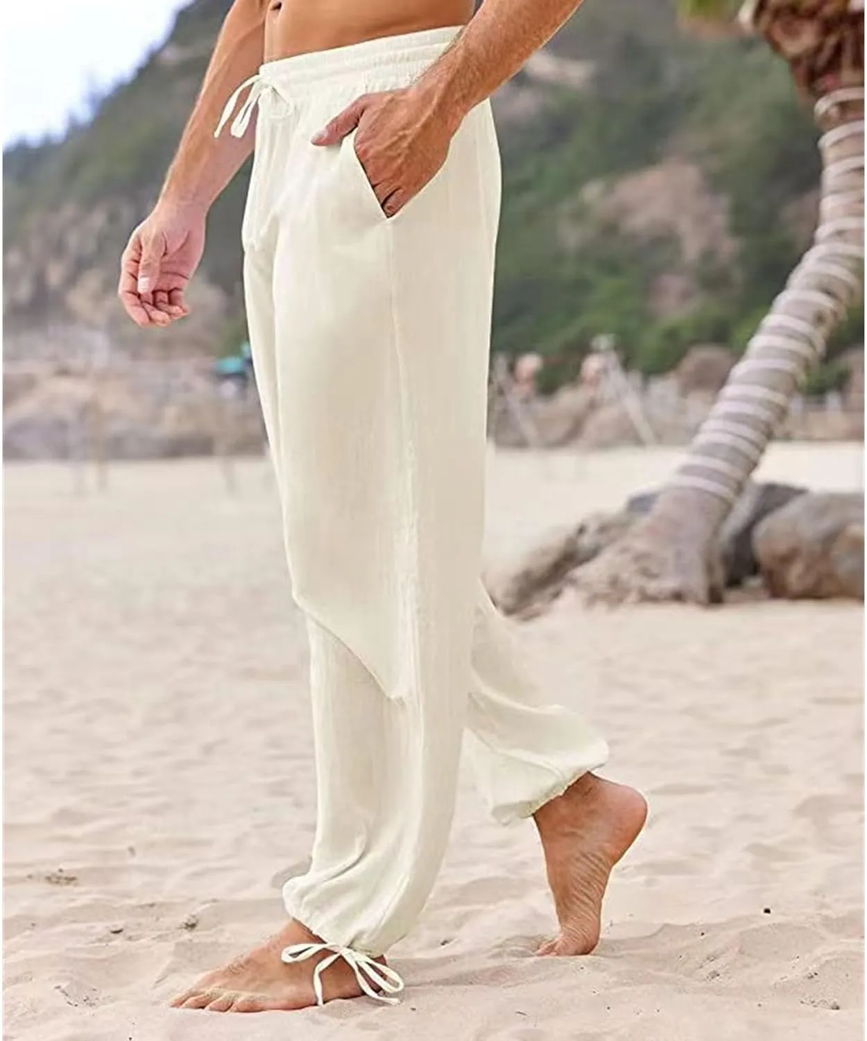 JEShifangjiusu Men Cotton Linen Drawstring Pants Elastic Waist Casual Jogger Yoga Pants Lightweight Summer Trouser Beach Pant