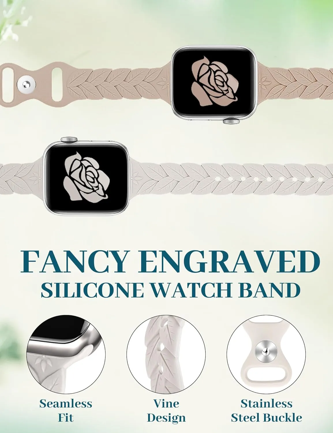 JR.DM 2 Pack Engraved Silicone-Bands Compatible with Apple Watch Band 38mm 40mm 41mm 42mm 44mm 45mm 46mm 49mm, Slim Feminine Fashion Leaf Waterproof Strap,For iWatch Series 10 9 8 7 6 5 4 3 2 1 Women