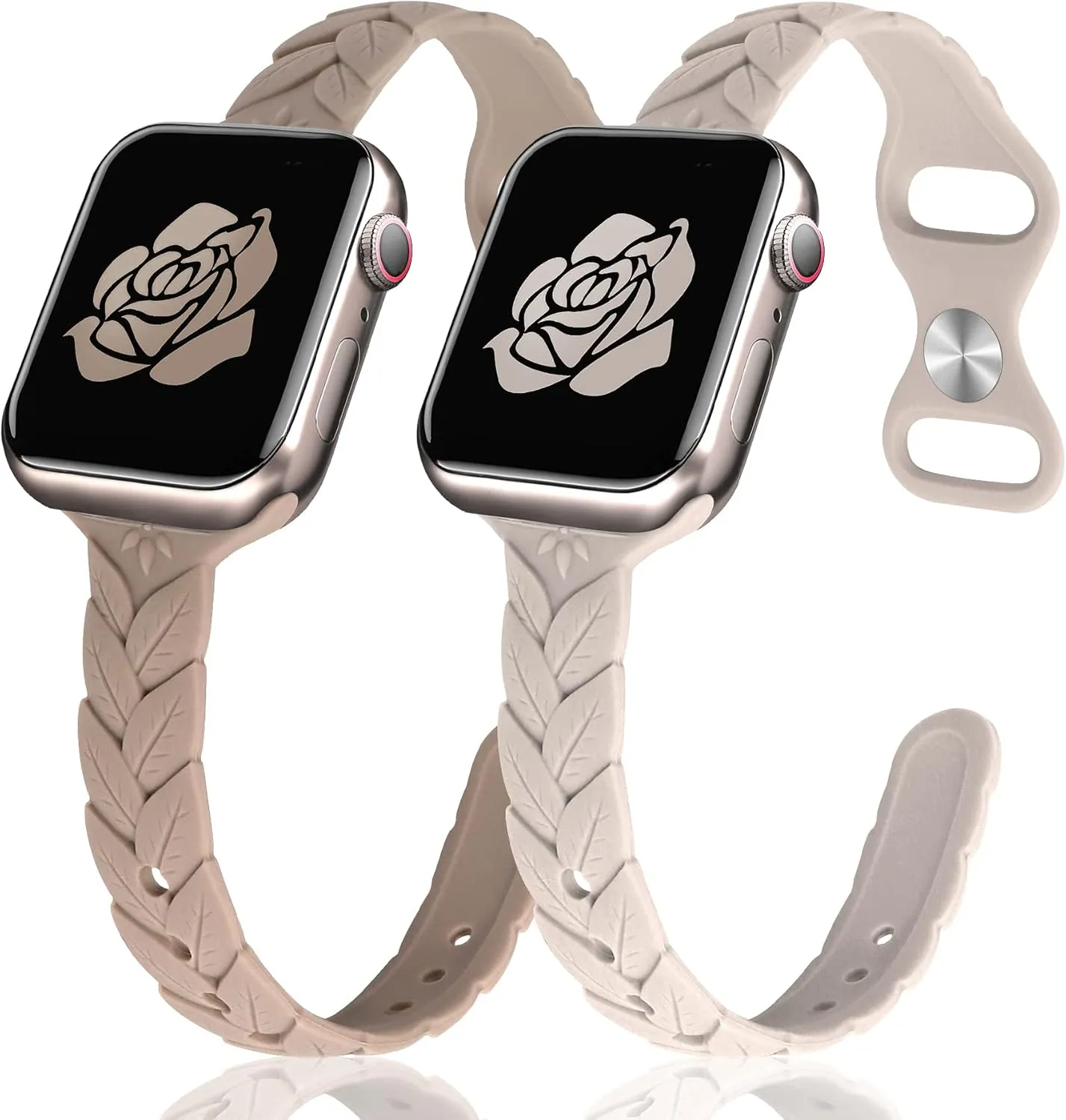 JR.DM 2 Pack Engraved Silicone-Bands Compatible with Apple Watch Band 38mm 40mm 41mm 42mm 44mm 45mm 46mm 49mm, Slim Feminine Fashion Leaf Waterproof Strap,For iWatch Series 10 9 8 7 6 5 4 3 2 1 Women