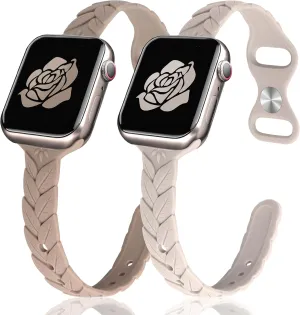 JR.DM 2 Pack Engraved Silicone-Bands Compatible with Apple Watch Band 38mm 40mm 41mm 42mm 44mm 45mm 46mm 49mm, Slim Feminine Fashion Leaf Waterproof Strap,For iWatch Series 10 9 8 7 6 5 4 3 2 1 Women