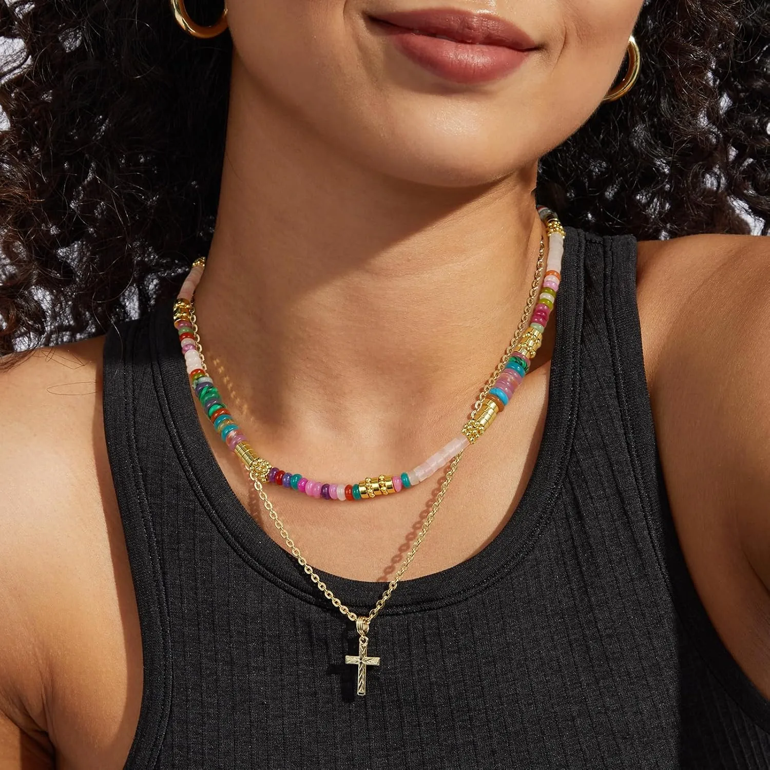 KissYan Boho Beaded Choker Necklace for Women, Gemstone Choker Natural Stone Freshwater Pearl Surfer Necklaces 14K Gold Plated Summer Beach Handmade Jewelry