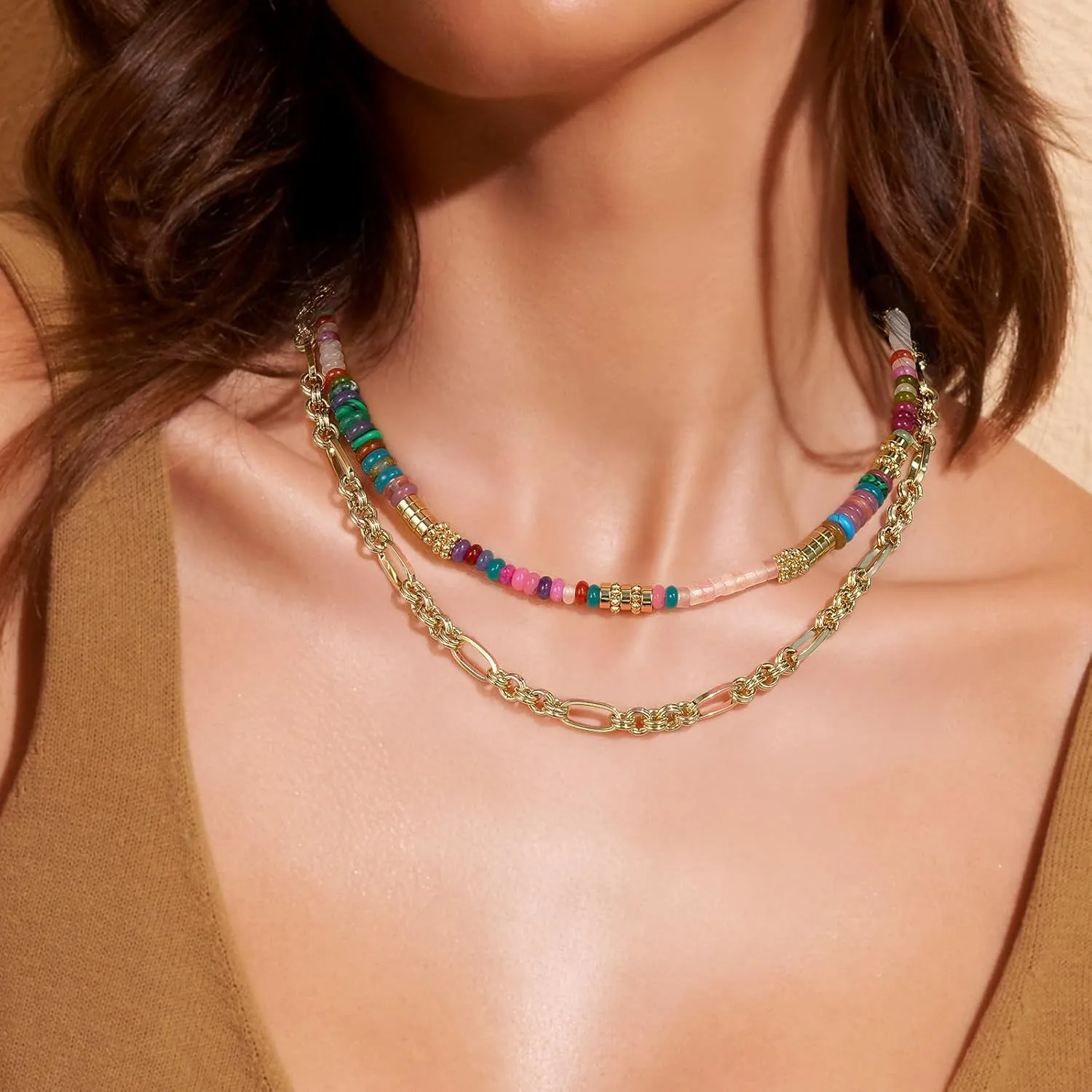 KissYan Boho Beaded Choker Necklace for Women, Gemstone Choker Natural Stone Freshwater Pearl Surfer Necklaces 14K Gold Plated Summer Beach Handmade Jewelry