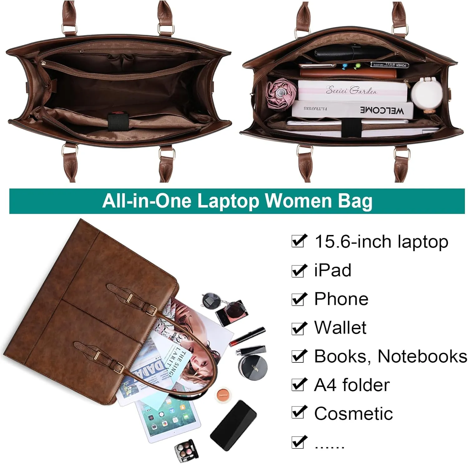 Laptop Bag for Women Leather Work Tote 15.6 Inch Laptop for Computer Bag Waterproof Business Office Professional Large Capacity Handbag Shoulder Bag