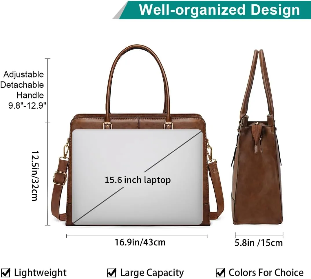 Laptop Bag for Women Leather Work Tote 15.6 Inch Laptop for Computer Bag Waterproof Business Office Professional Large Capacity Handbag Shoulder Bag