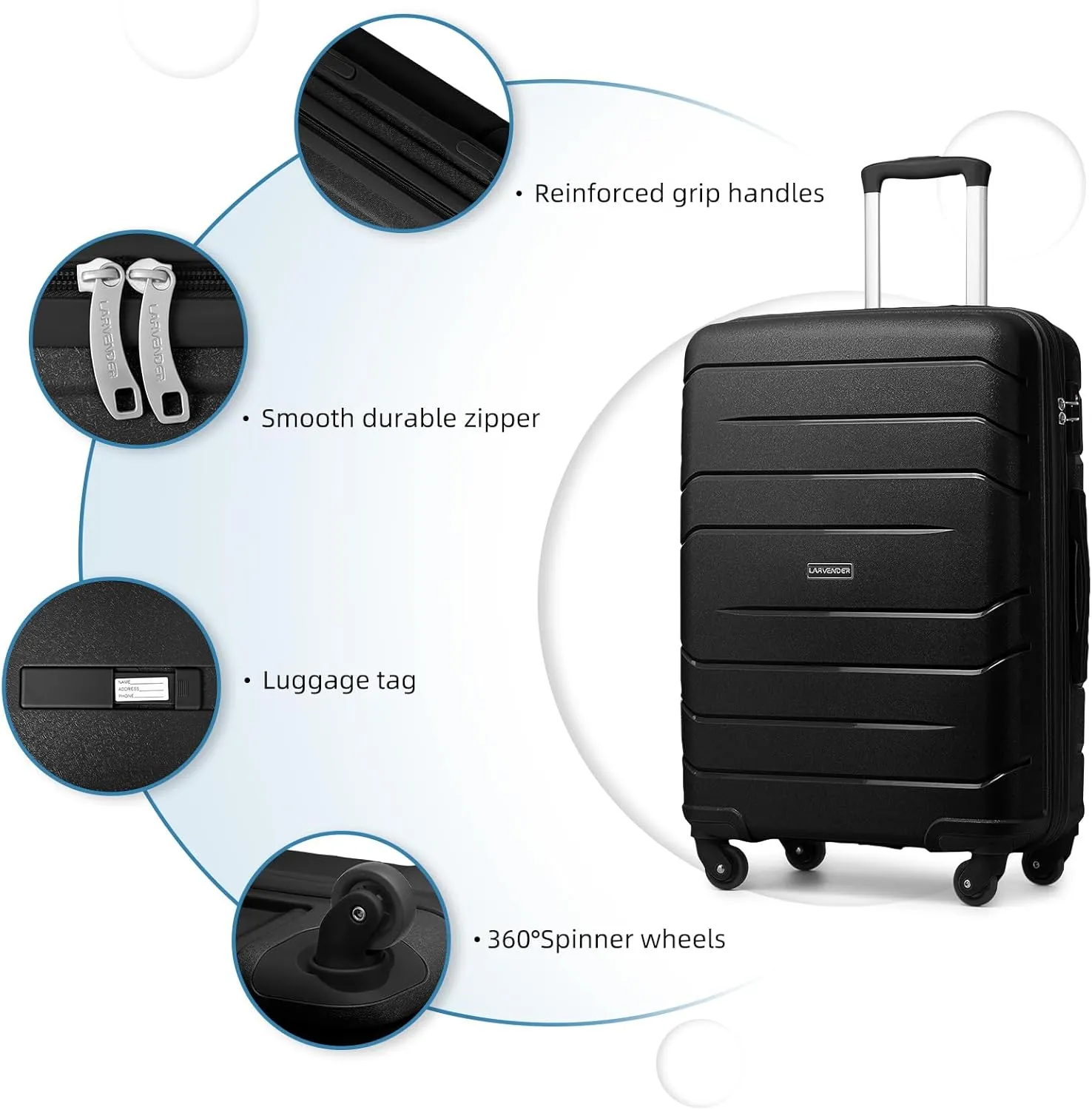 LARVENDER 3-Piece Carry On Luggage for Women,Hard Shell Suitcase 20Inch Carry On Luggage 22x14x9 Airline Approved, Spinner Wheel and TSA LockBlack 20Inch/DB/TB