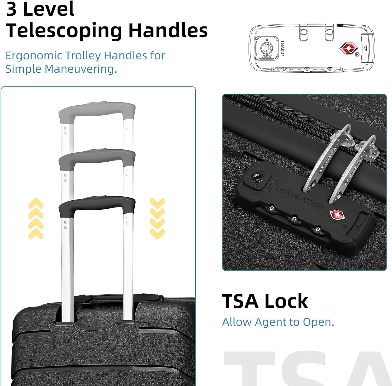 LARVENDER 3-Piece Carry On Luggage for Women,Hard Shell Suitcase 20Inch Carry On Luggage 22x14x9 Airline Approved, Spinner Wheel and TSA LockBlack 20Inch/DB/TB