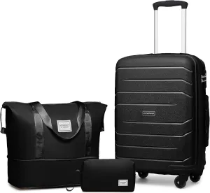 LARVENDER 3-Piece Carry On Luggage for Women,Hard Shell Suitcase 20Inch Carry On Luggage 22x14x9 Airline Approved, Spinner Wheel and TSA LockBlack 20Inch/DB/TB