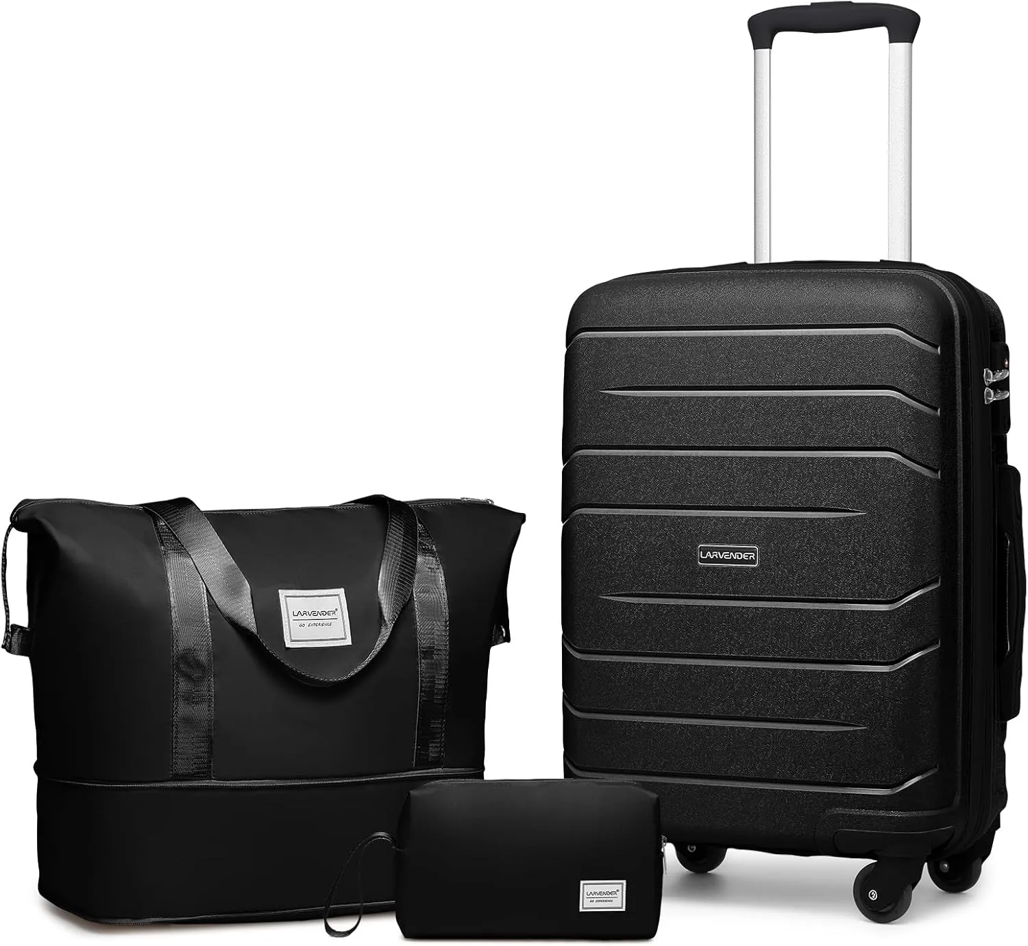 LARVENDER 3-Piece Carry On Luggage for Women,Hard Shell Suitcase 20Inch Carry On Luggage 22x14x9 Airline Approved, Spinner Wheel and TSA LockBlack 20Inch/DB/TB