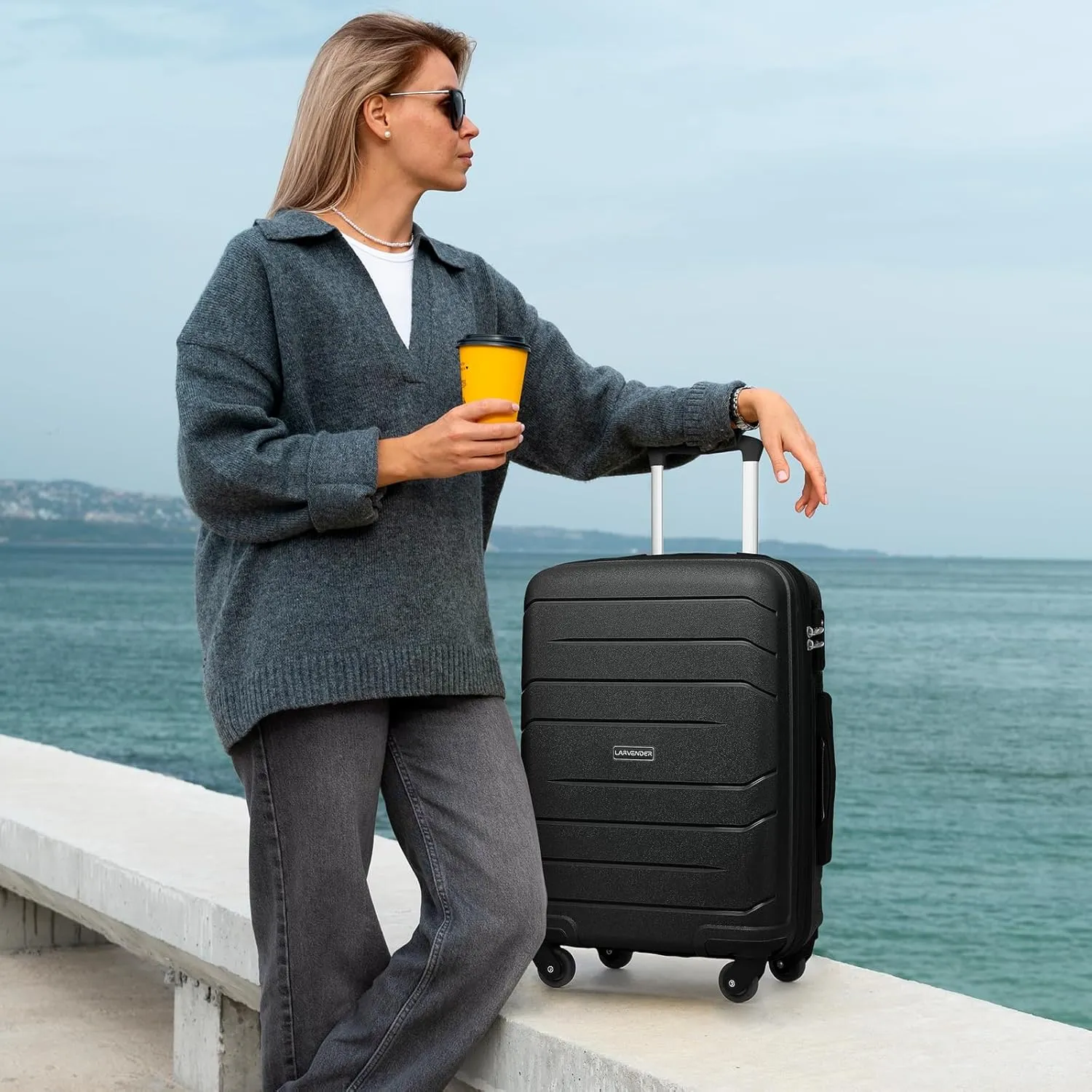 LARVENDER 3-Piece Carry On Luggage for Women,Hard Shell Suitcase 20Inch Carry On Luggage 22x14x9 Airline Approved, Spinner Wheel and TSA LockBlack 20Inch/DB/TB