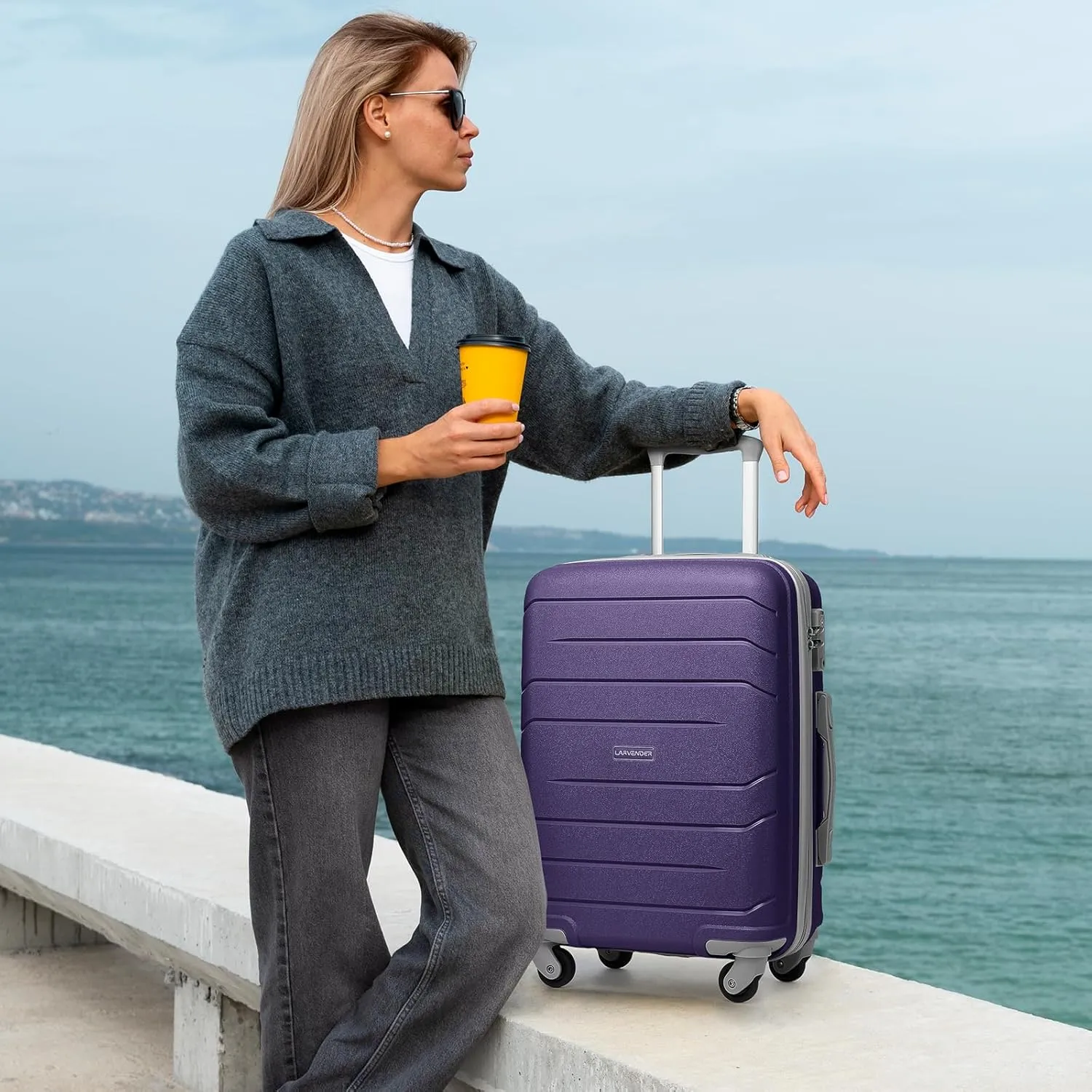 LARVENDER 3-Piece Carry On Luggage for Women,Hard Shell Suitcase 20Inch Carry On Luggage 22x14x9 Airline Approved, Spinner Wheel and TSA LockGrape Purple 20Inch/DB/TB