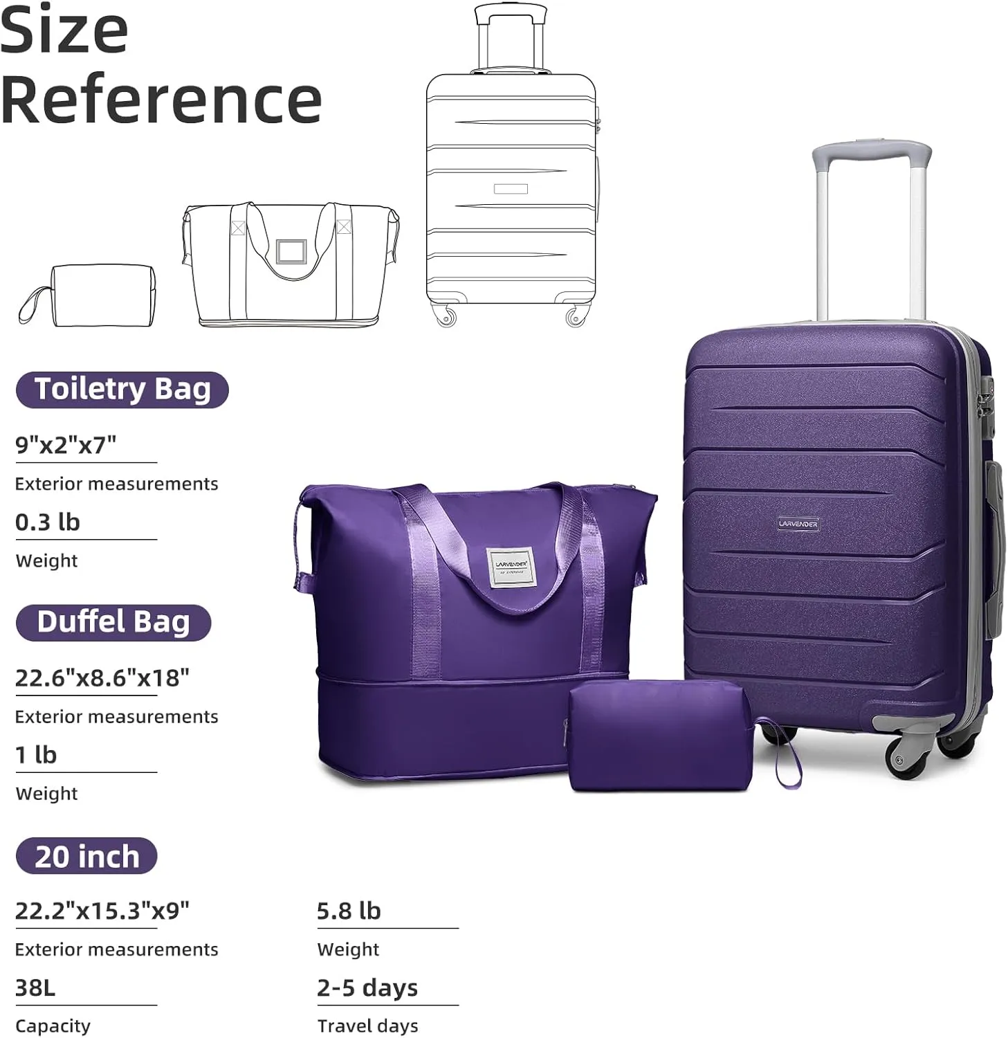 LARVENDER 3-Piece Carry On Luggage for Women,Hard Shell Suitcase 20Inch Carry On Luggage 22x14x9 Airline Approved, Spinner Wheel and TSA LockGrape Purple 20Inch/DB/TB