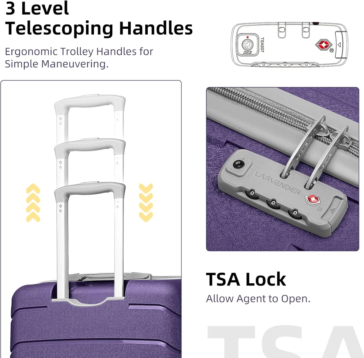 LARVENDER 3-Piece Carry On Luggage for Women,Hard Shell Suitcase 20Inch Carry On Luggage 22x14x9 Airline Approved, Spinner Wheel and TSA LockGrape Purple 20Inch/DB/TB