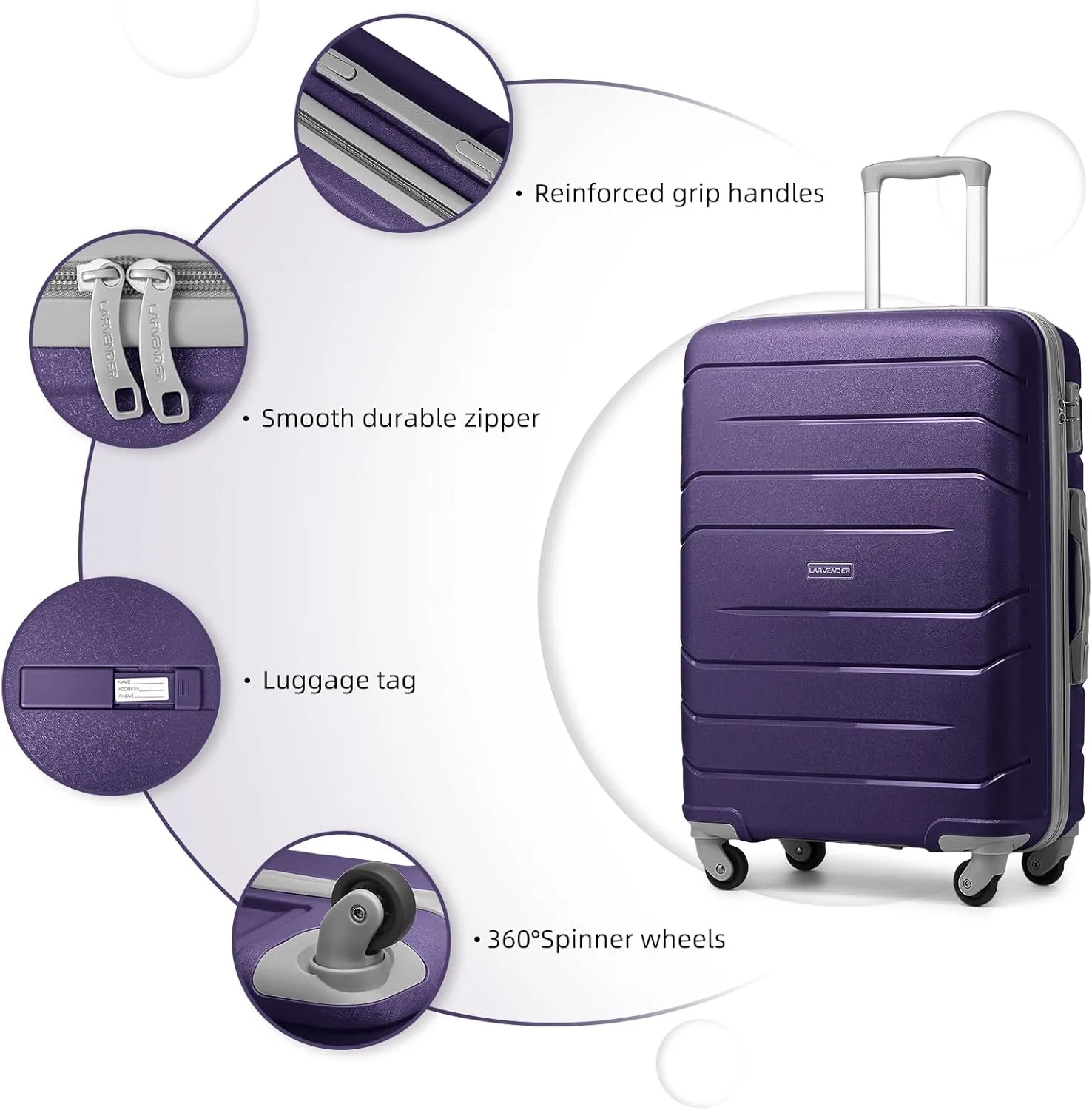 LARVENDER 3-Piece Carry On Luggage for Women,Hard Shell Suitcase 20Inch Carry On Luggage 22x14x9 Airline Approved, Spinner Wheel and TSA LockGrape Purple 20Inch/DB/TB