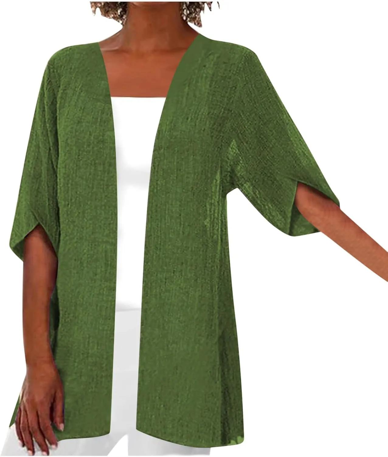 Linen Cardigan for Women 2023 Fall Fashion Kimono Cardigan Cutout 3/4 Sleeve Shrugs Plus Size Lightweight Cardigan