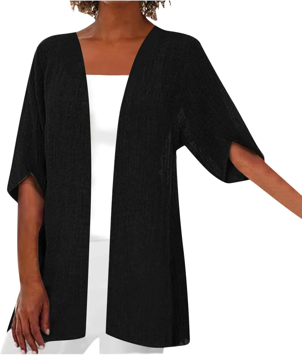Linen Cardigan for Women 2023 Fall Fashion Kimono Cardigan Cutout 3/4 Sleeve Shrugs Plus Size Lightweight Cardigan