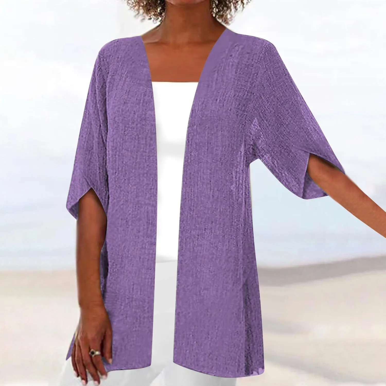Linen Cardigan for Women 2023 Fall Fashion Kimono Cardigan Cutout 3/4 Sleeve Shrugs Plus Size Lightweight Cardigan
