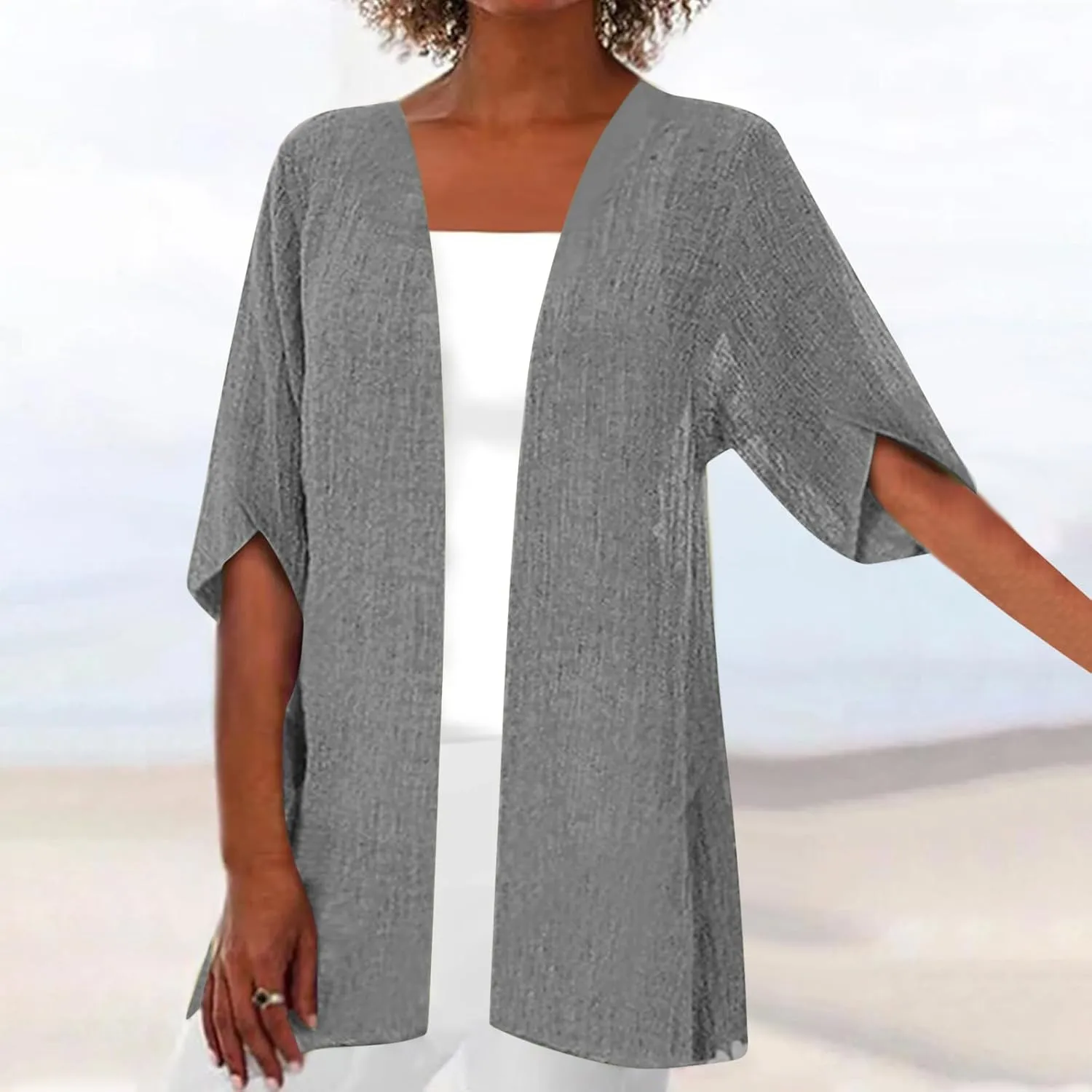 Linen Cardigan for Women 2023 Fall Fashion Kimono Cardigan Cutout 3/4 Sleeve Shrugs Plus Size Lightweight Cardigan