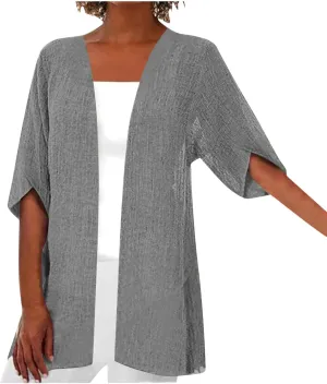 Linen Cardigan for Women 2023 Fall Fashion Kimono Cardigan Cutout 3/4 Sleeve Shrugs Plus Size Lightweight Cardigan