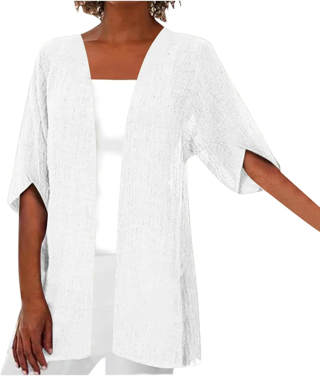 Linen Cardigan for Women 2023 Fall Fashion Kimono Cardigan Cutout 3/4 Sleeve Shrugs Plus Size Lightweight Cardigan