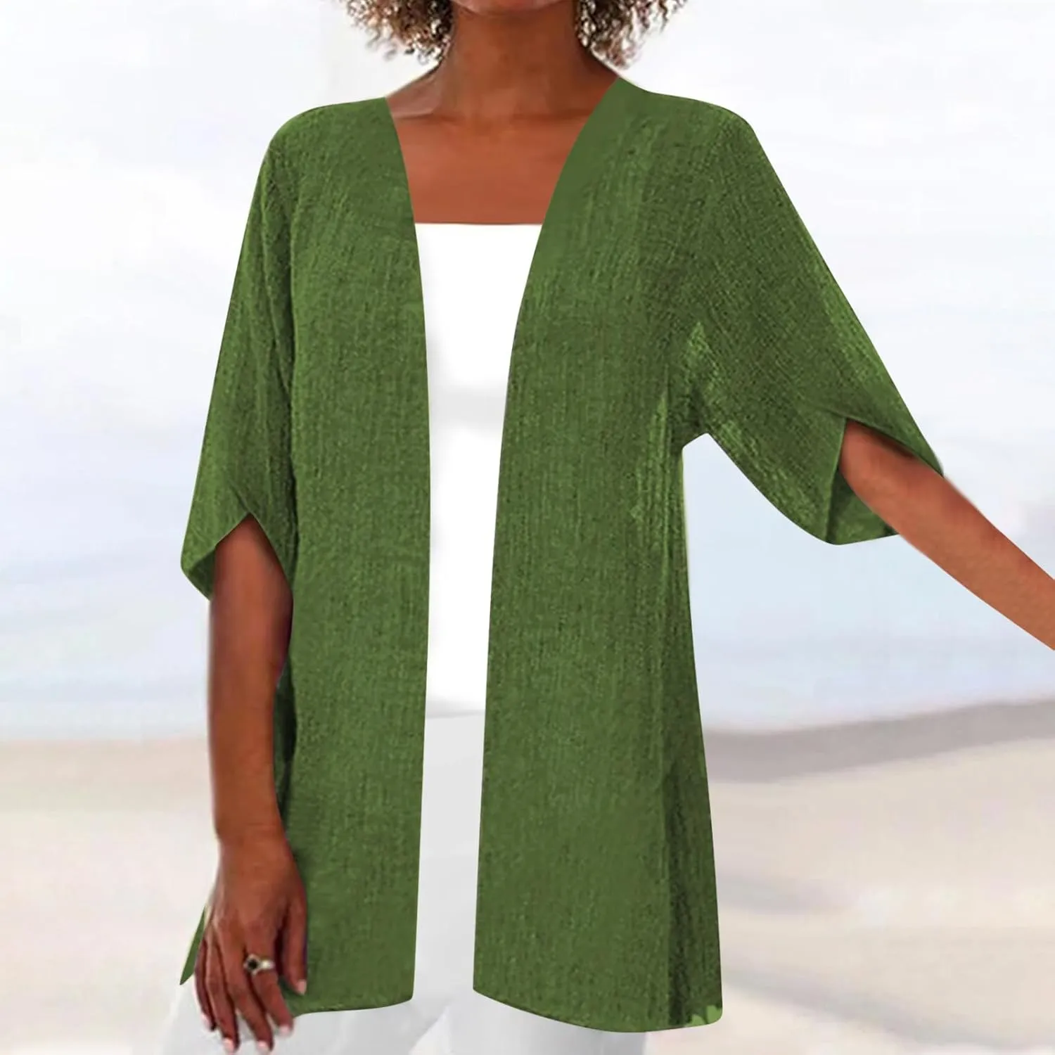 Linen Cardigan for Women 2023 Fall Fashion Kimono Cardigan Cutout 3/4 Sleeve Shrugs Plus Size Lightweight Cardigan