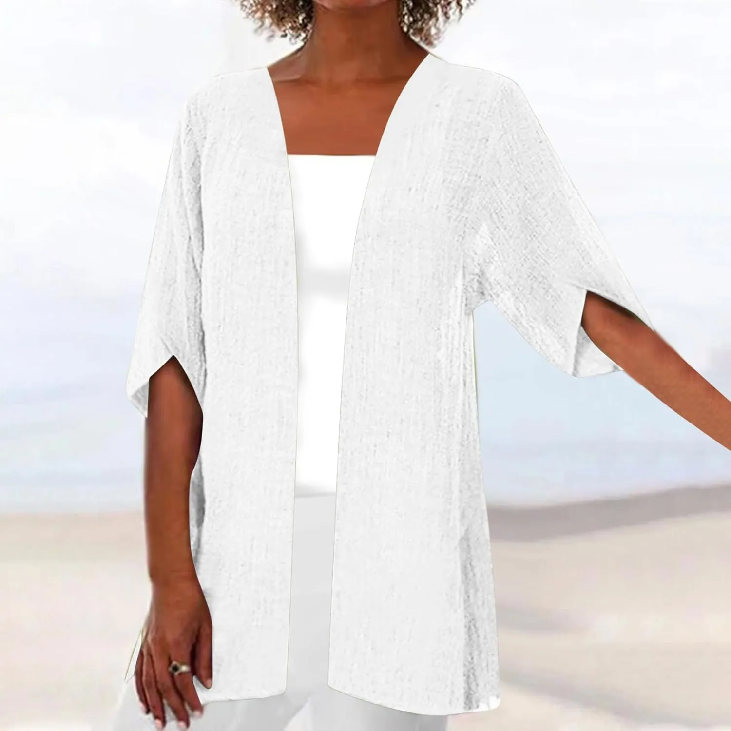 Linen Cardigan for Women 2023 Fall Fashion Kimono Cardigan Cutout 3/4 Sleeve Shrugs Plus Size Lightweight Cardigan