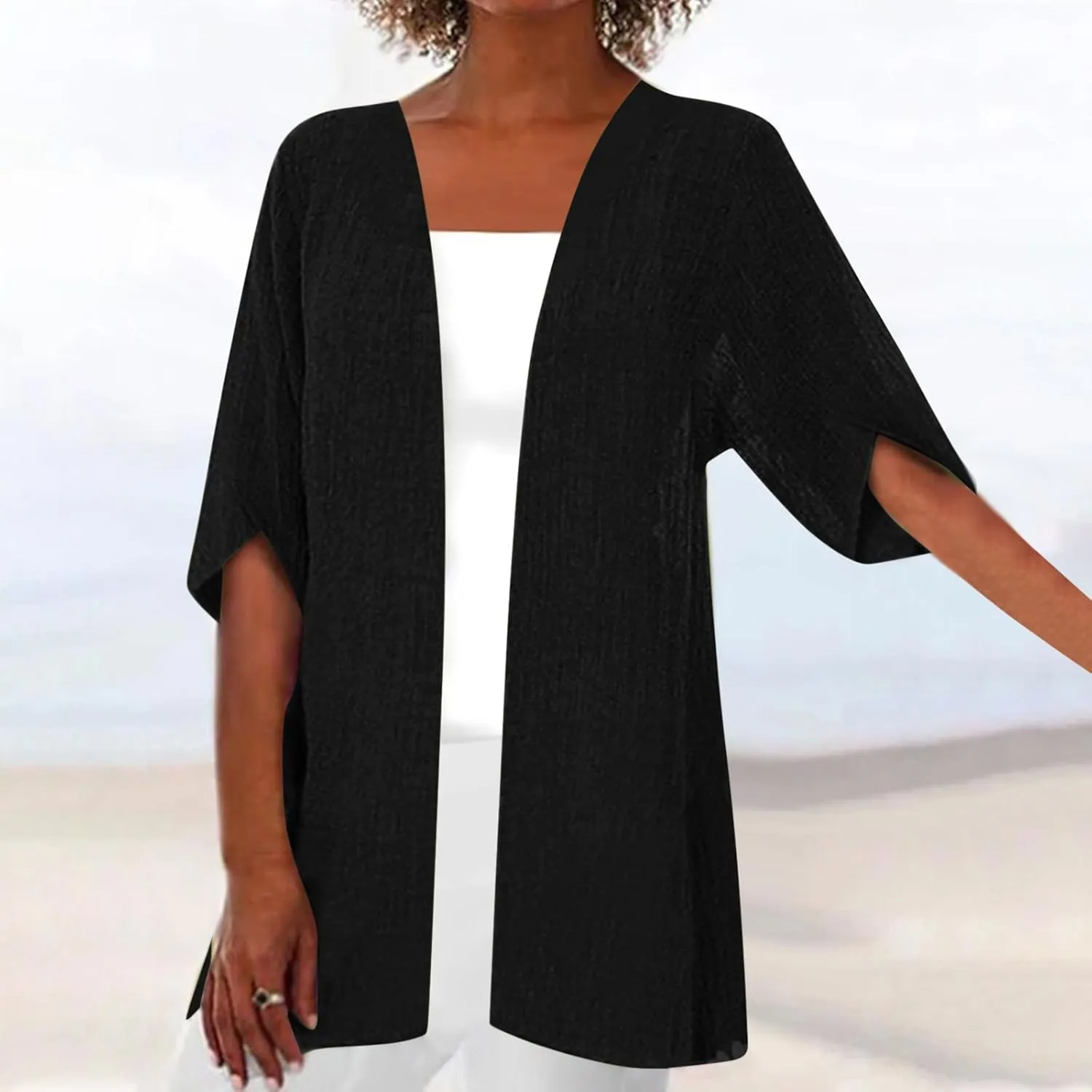 Linen Cardigan for Women 2023 Fall Fashion Kimono Cardigan Cutout 3/4 Sleeve Shrugs Plus Size Lightweight Cardigan