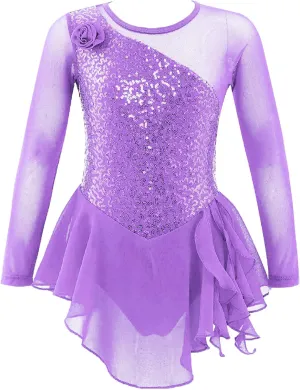 Linjinx Kids Girls Figure Ice Skating Dress Sparkly Sequins Floral Long Sleeve Ballet Dance Dress Gymnastic Tutu Leotard