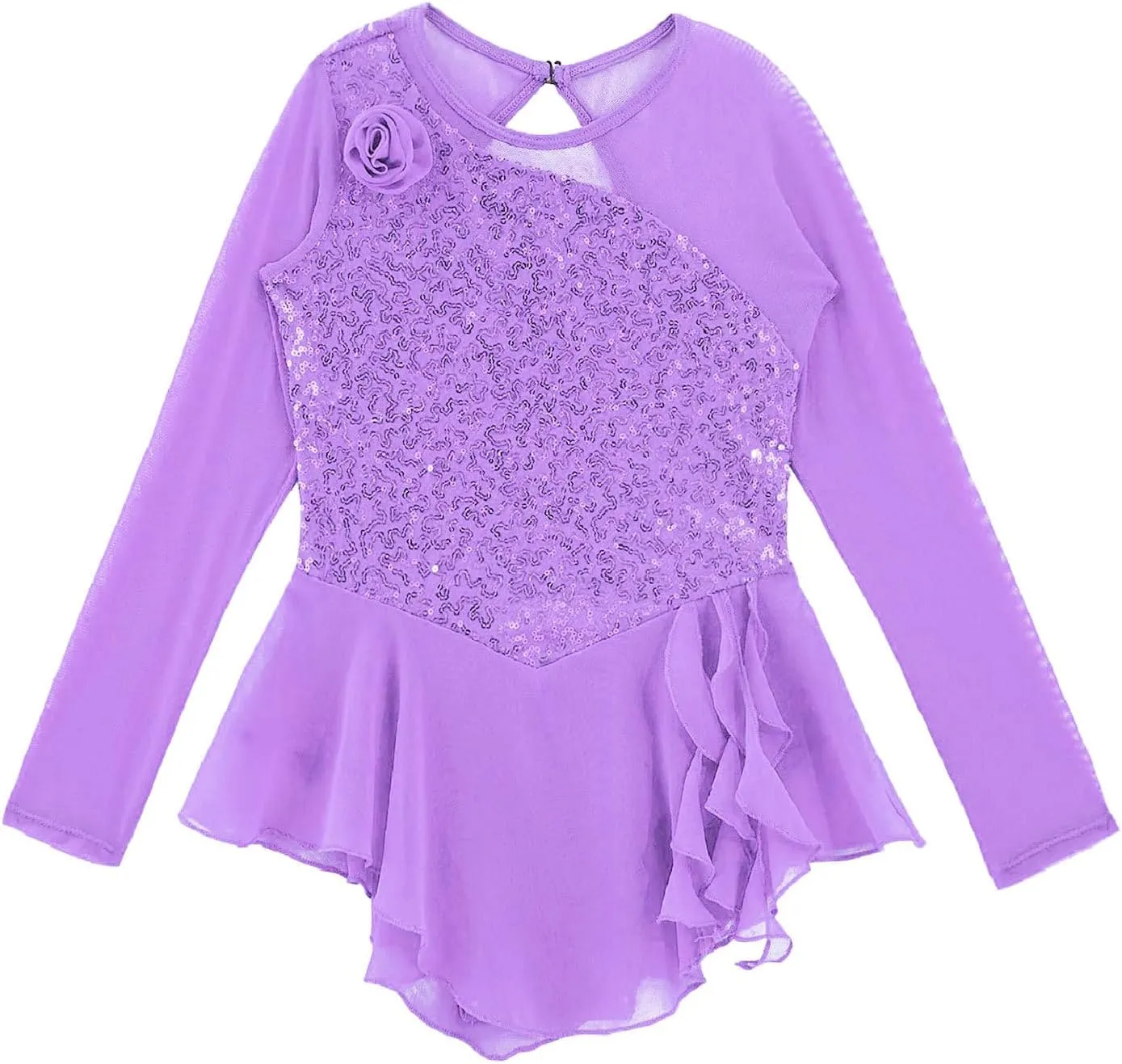 Linjinx Kids Girls Figure Ice Skating Dress Sparkly Sequins Floral Long Sleeve Ballet Dance Dress Gymnastic Tutu Leotard