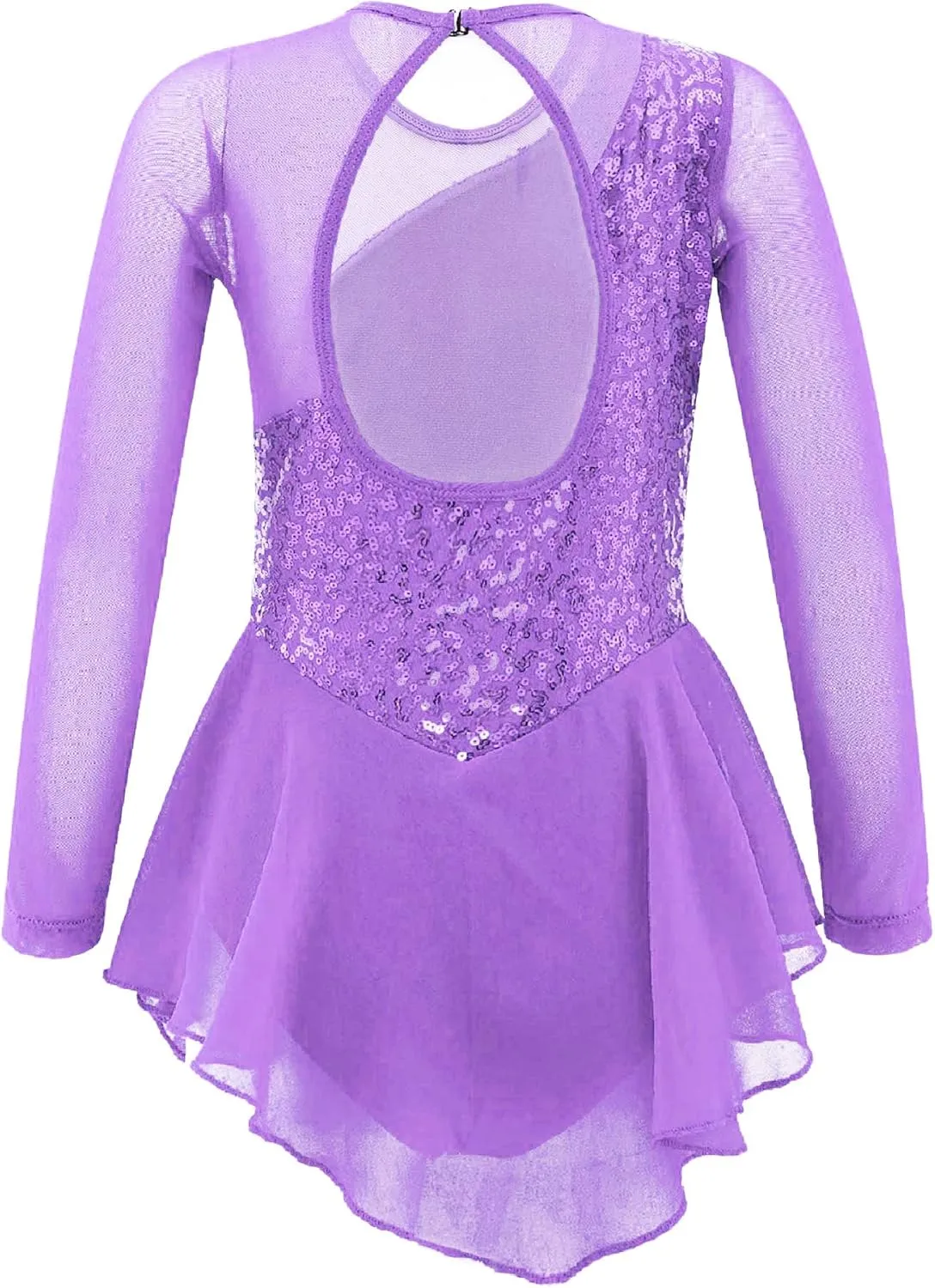 Linjinx Kids Girls Figure Ice Skating Dress Sparkly Sequins Floral Long Sleeve Ballet Dance Dress Gymnastic Tutu Leotard