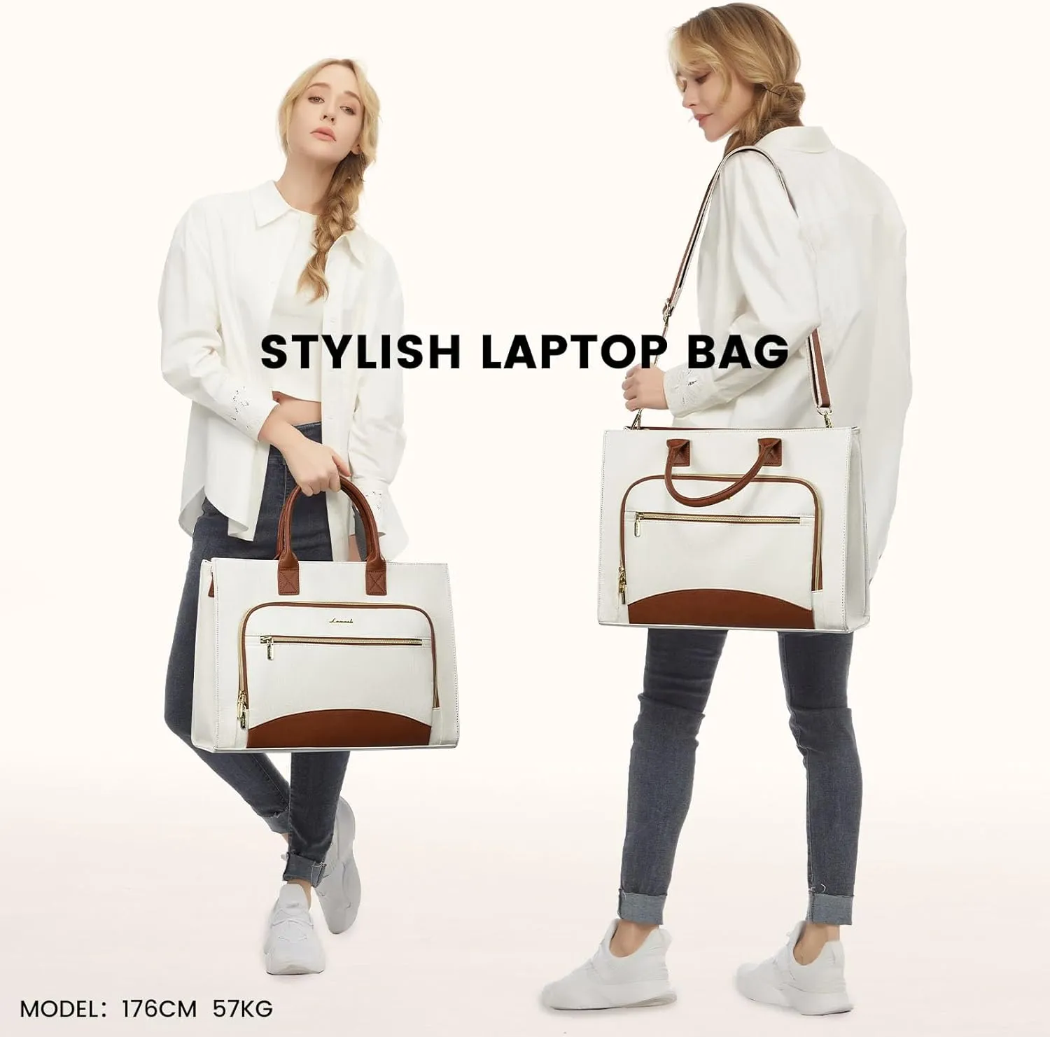 LOVEVOOK Laptop Bag for Women 15.6 inch Canvas Laptop Tote Bag Large Professional Teacher Purse Lightweight Computer Bag Briefcase Business Office, White Brown