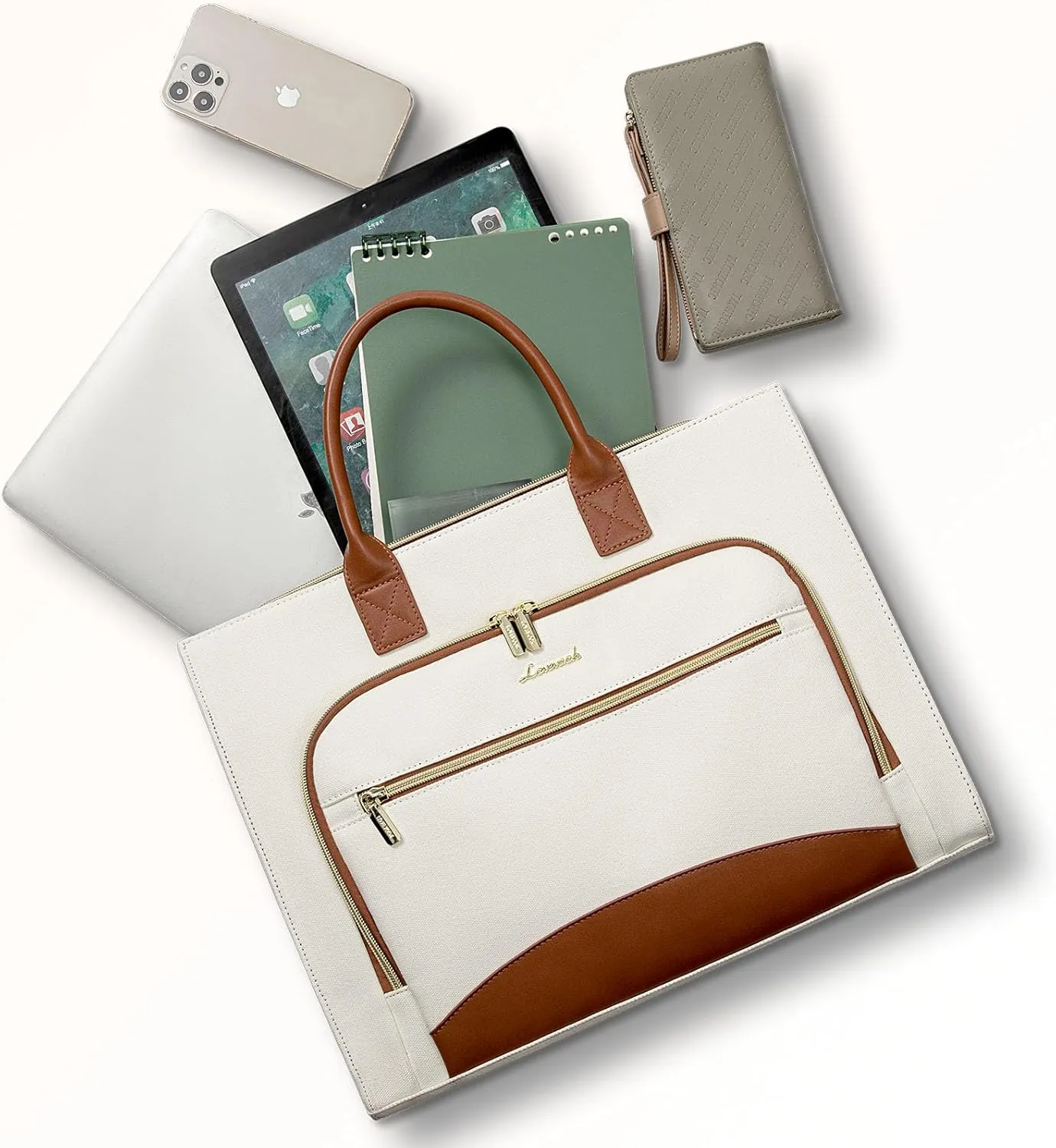 LOVEVOOK Laptop Bag for Women 15.6 inch Canvas Laptop Tote Bag Large Professional Teacher Purse Lightweight Computer Bag Briefcase Business Office, White Brown