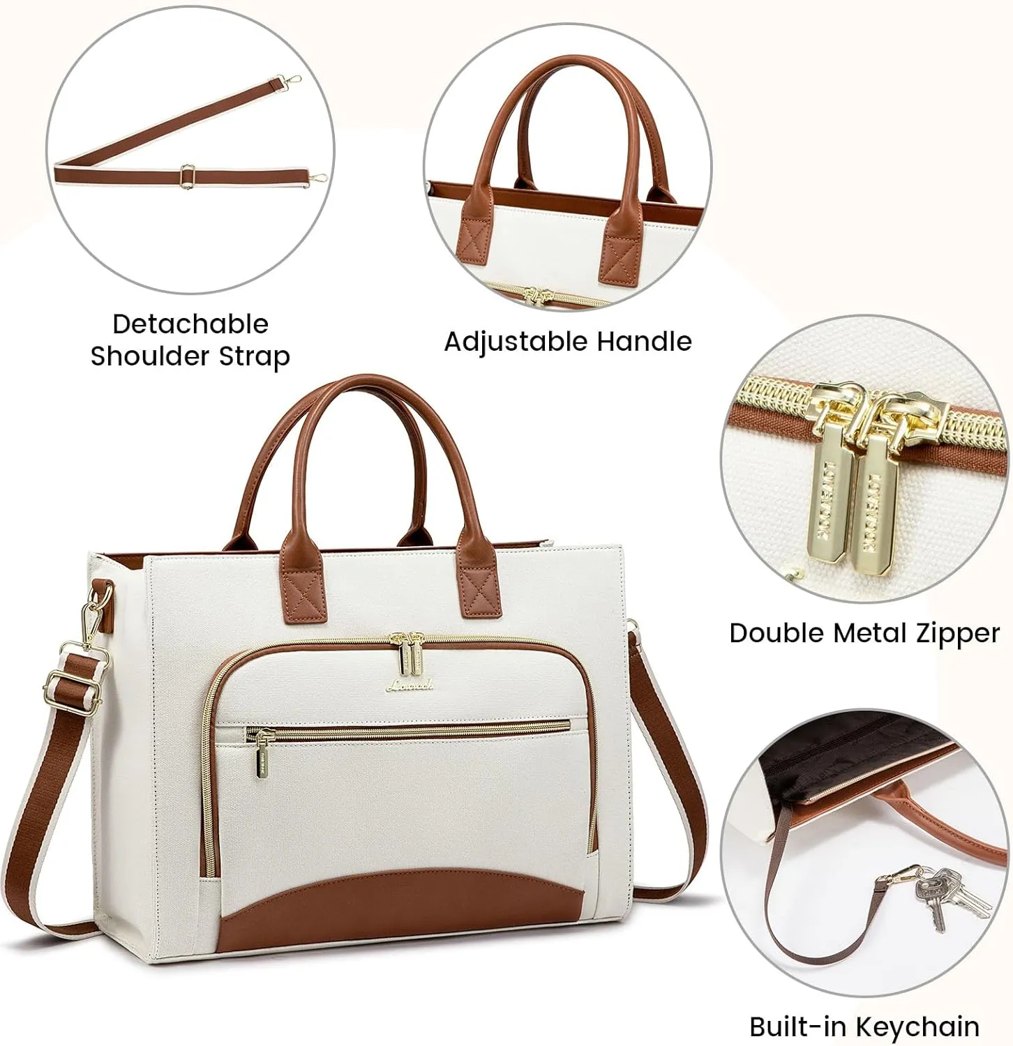 LOVEVOOK Laptop Bag for Women 15.6 inch Canvas Laptop Tote Bag Large Professional Teacher Purse Lightweight Computer Bag Briefcase Business Office, White Brown