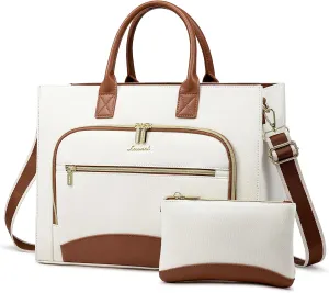 LOVEVOOK Laptop Bag for Women 15.6 inch Canvas Laptop Tote Bag Large Professional Teacher Purse Lightweight Computer Bag Briefcase Business Office, White Brown