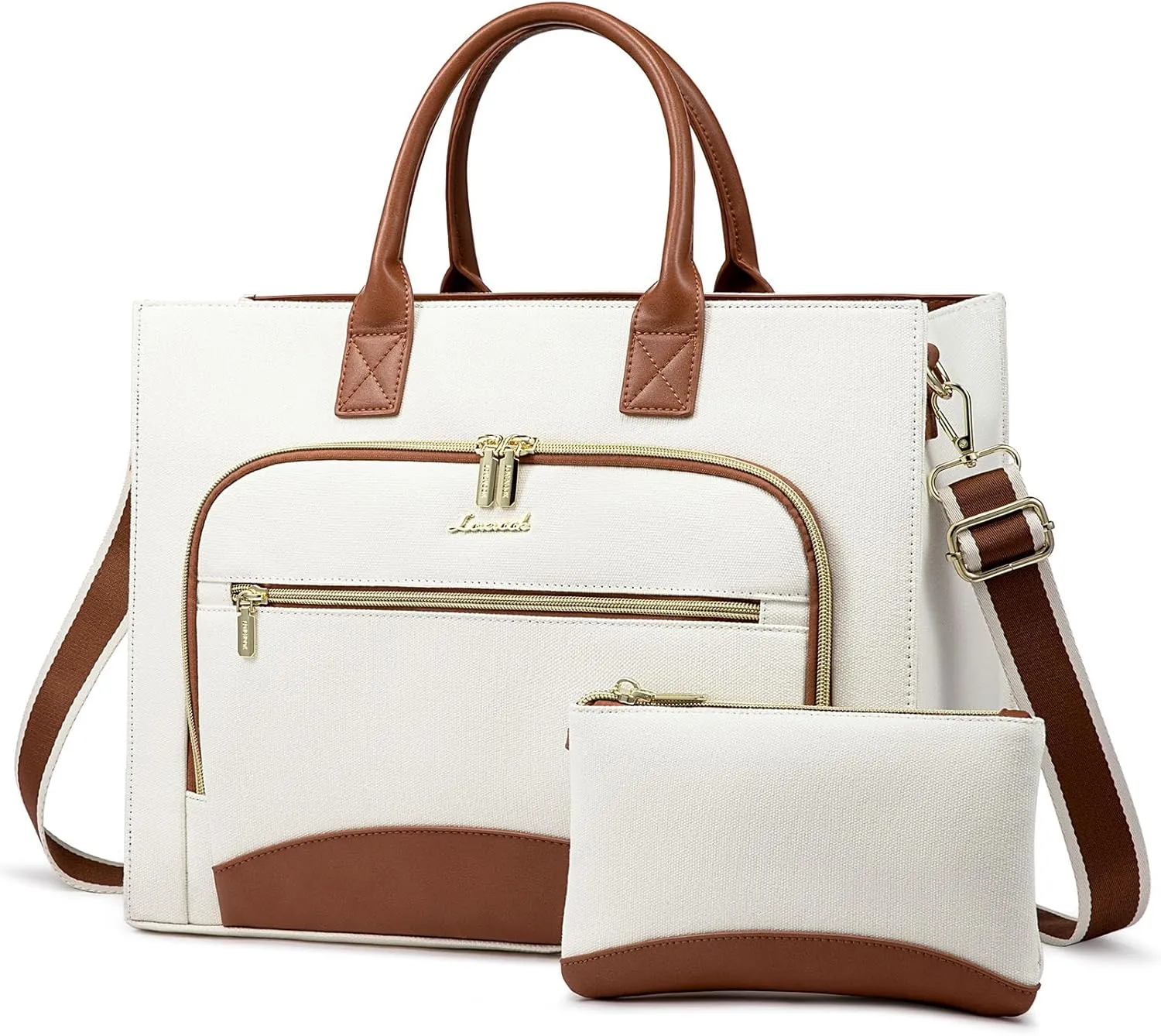 LOVEVOOK Laptop Bag for Women 15.6 inch Canvas Laptop Tote Bag Large Professional Teacher Purse Lightweight Computer Bag Briefcase Business Office, White Brown