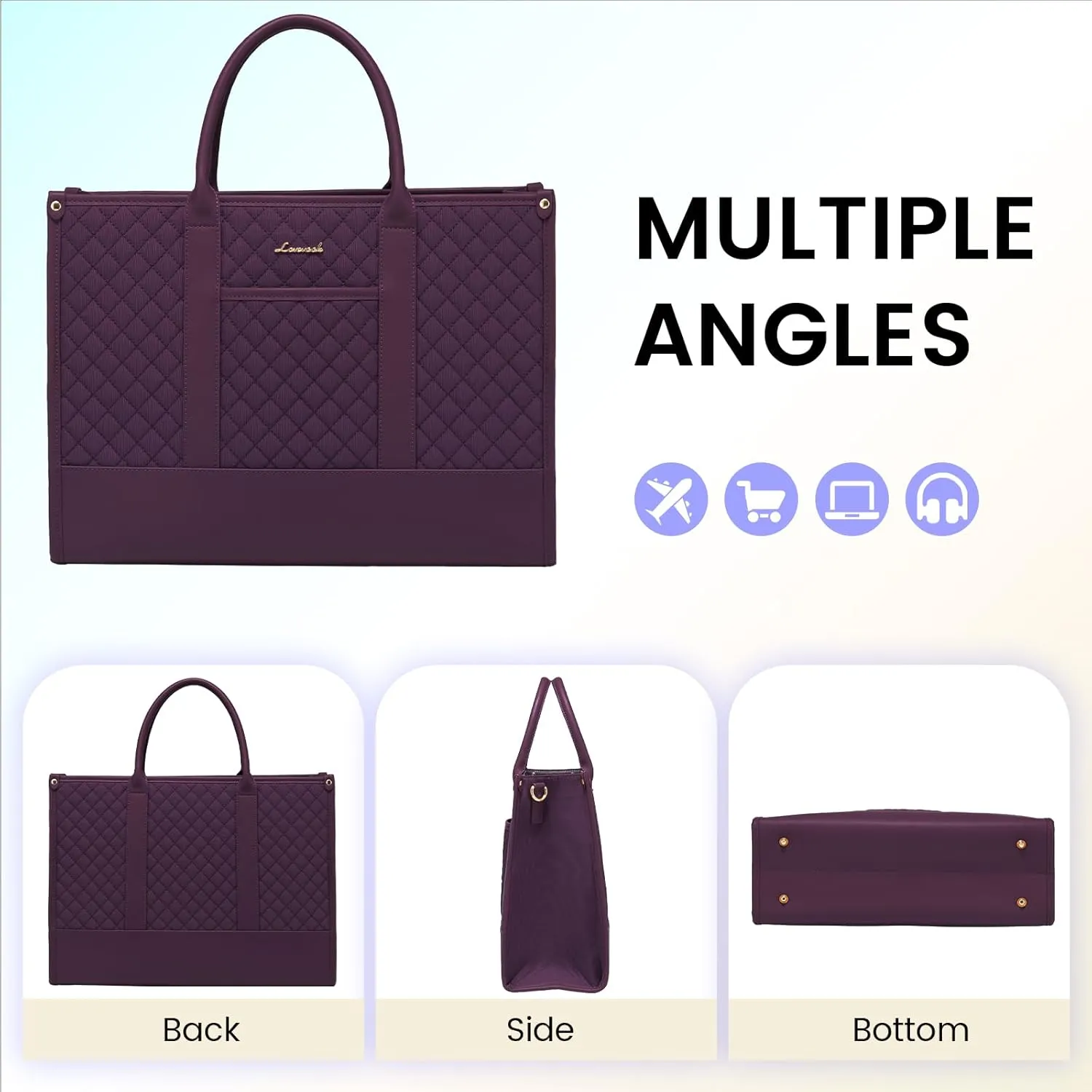 LOVEVOOK Laptop Bags for Women, 17 inch Waterproof Work Tote Bag with Clutch, Professional Teacher Computer Purse Lightweight Shoulder Bag Travel, Quilted Purple
