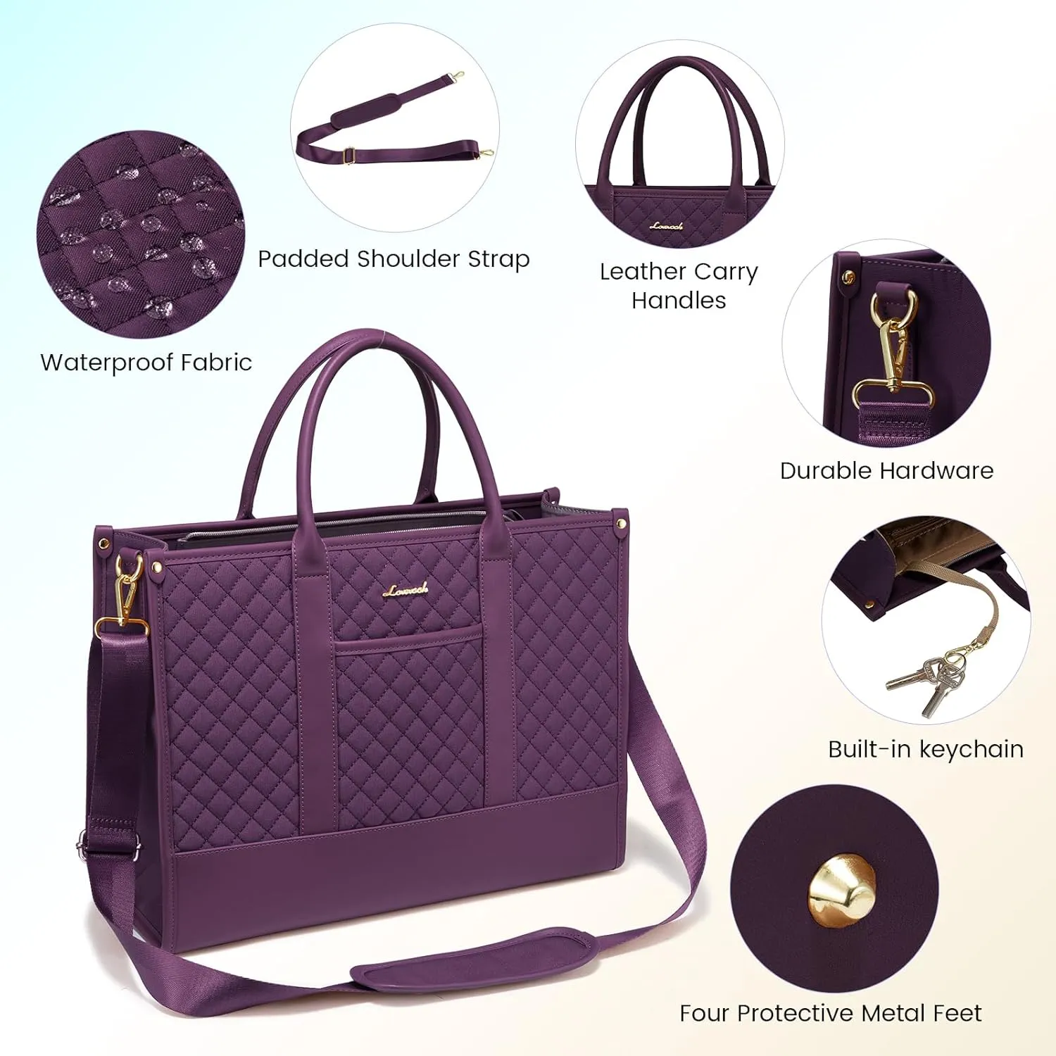 LOVEVOOK Laptop Bags for Women, 17 inch Waterproof Work Tote Bag with Clutch, Professional Teacher Computer Purse Lightweight Shoulder Bag Travel, Quilted Purple