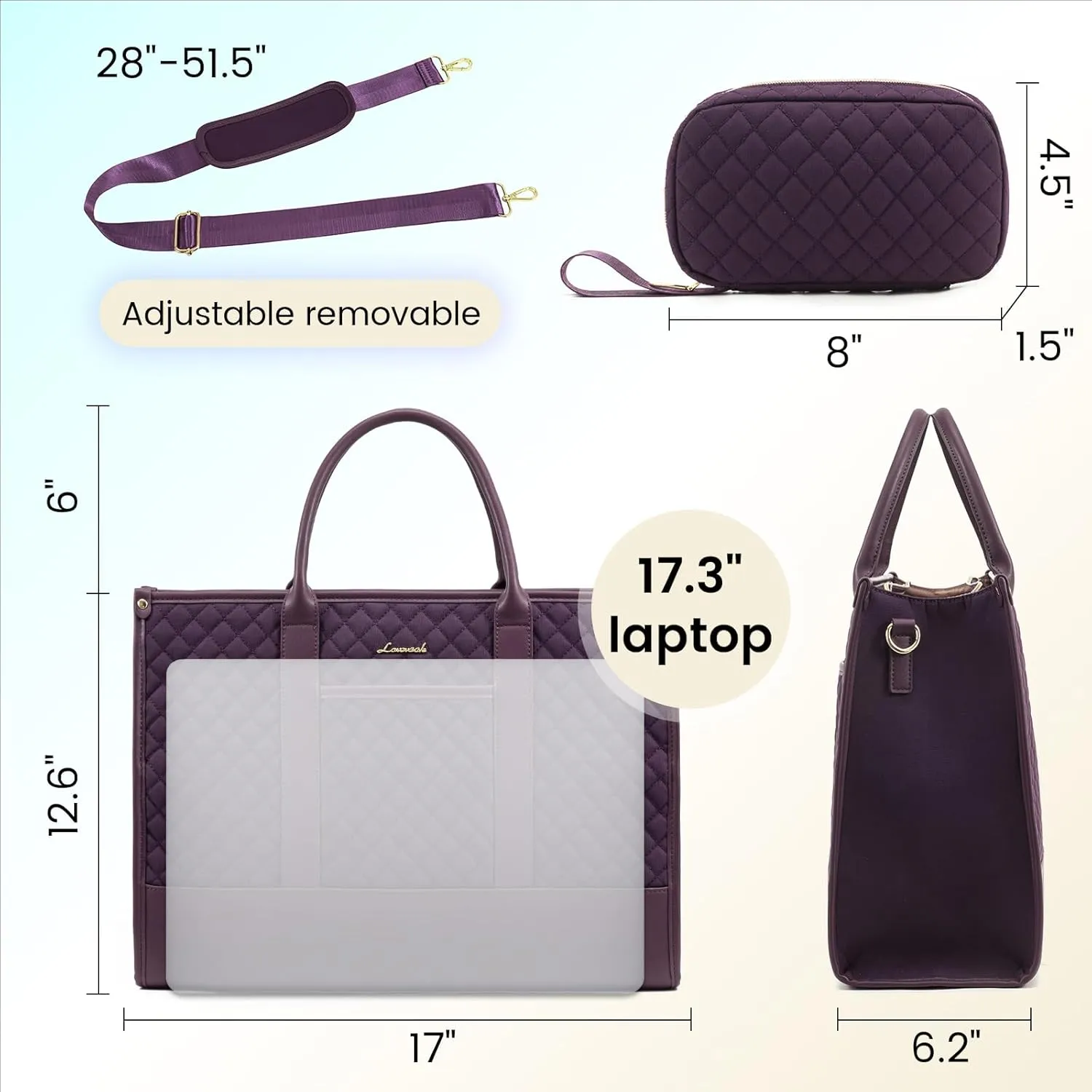 LOVEVOOK Laptop Bags for Women, 17 inch Waterproof Work Tote Bag with Clutch, Professional Teacher Computer Purse Lightweight Shoulder Bag Travel, Quilted Purple