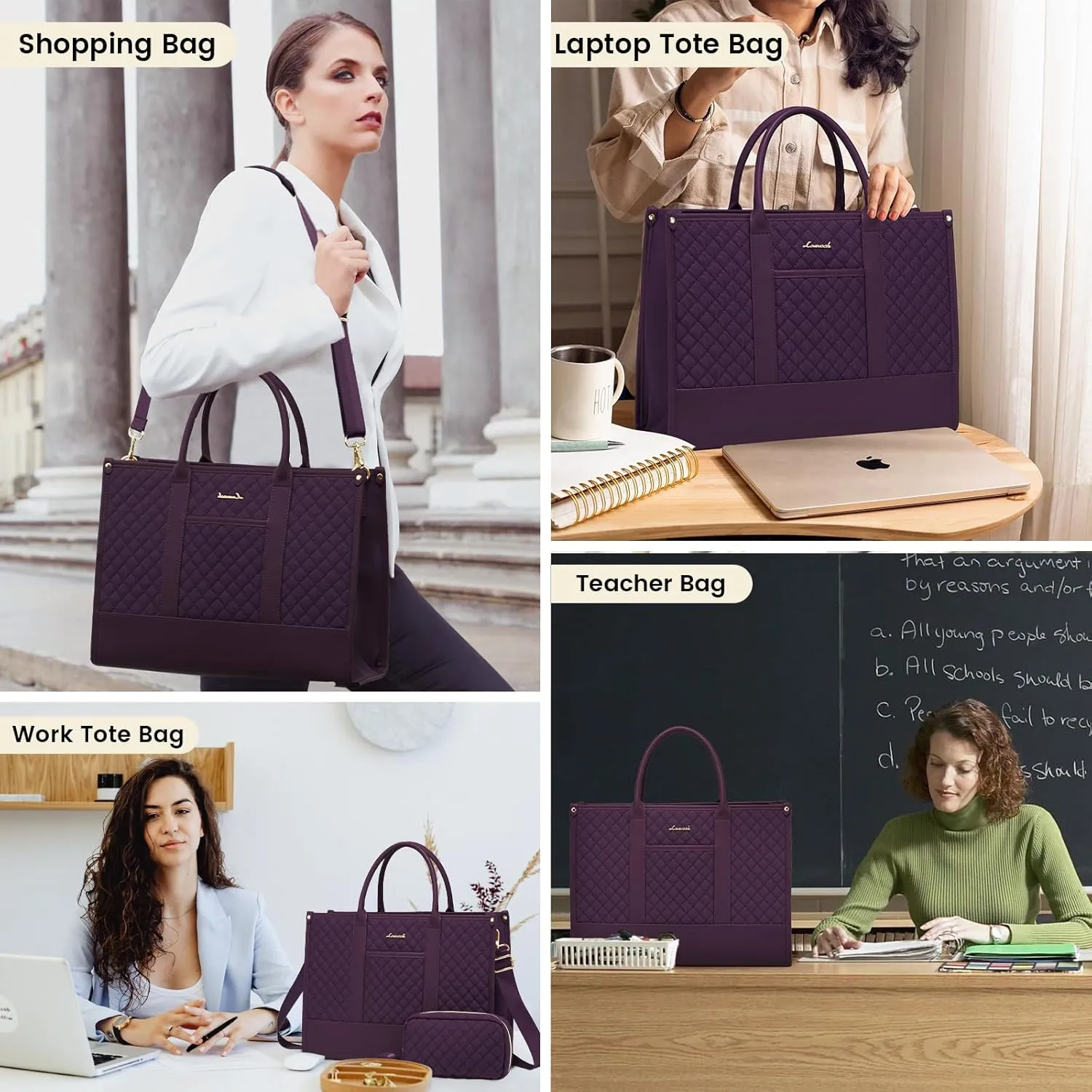 LOVEVOOK Laptop Bags for Women, 17 inch Waterproof Work Tote Bag with Clutch, Professional Teacher Computer Purse Lightweight Shoulder Bag Travel, Quilted Purple