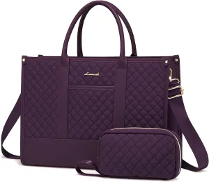 LOVEVOOK Laptop Bags for Women, 17 inch Waterproof Work Tote Bag with Clutch, Professional Teacher Computer Purse Lightweight Shoulder Bag Travel, Quilted Purple