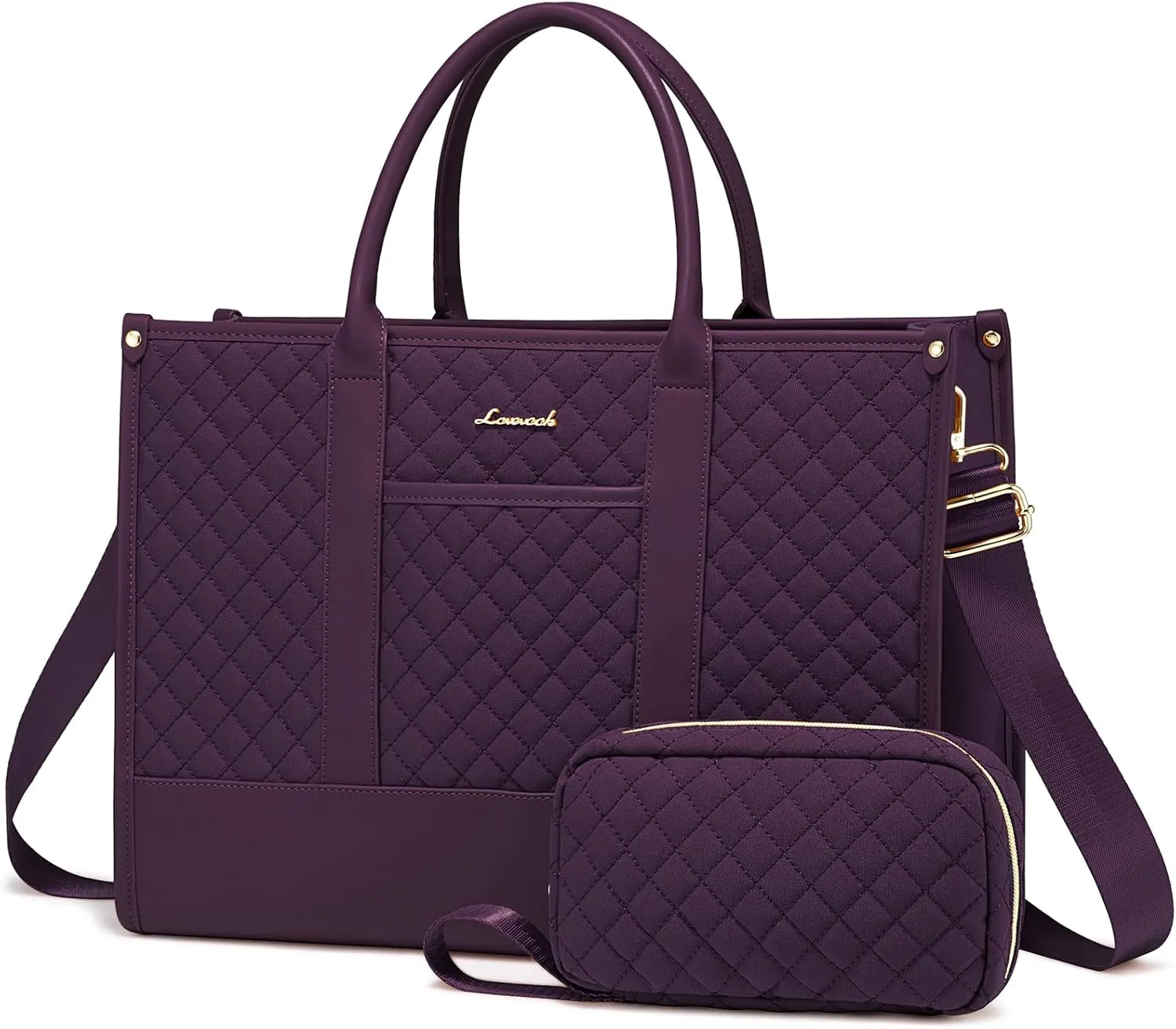 LOVEVOOK Laptop Bags for Women, 17 inch Waterproof Work Tote Bag with Clutch, Professional Teacher Computer Purse Lightweight Shoulder Bag Travel, Quilted Purple