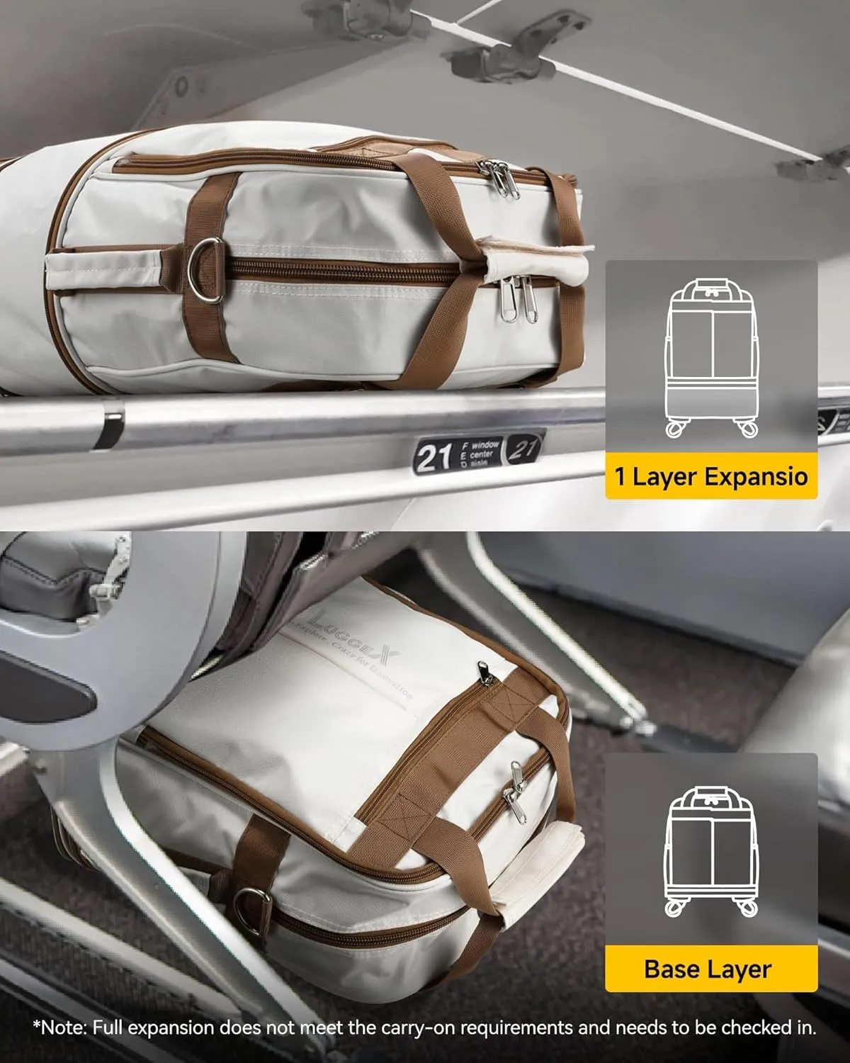 LUGGEX Expandable Underseat Carry On Luggage Bag with Wheels, Lightweight Overnight Foldable Luggage Bag, Small Rolling Suitcase without Telescopic Handle (White-Brown)
