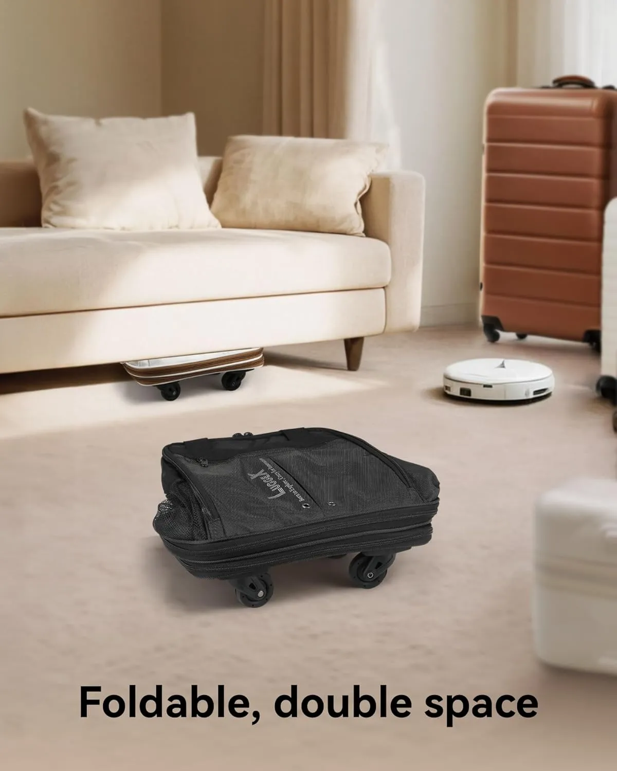 LUGGEX Expandable Underseat Carry On Luggage Bag with Wheels, Small Collapsible Luggage Suitcase without Telescopic Handle, Lightweight Rolling Travel Duffle Bag, Black