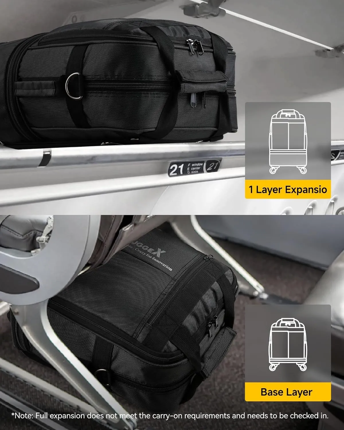 LUGGEX Expandable Underseat Carry On Luggage Bag with Wheels, Small Collapsible Luggage Suitcase without Telescopic Handle, Lightweight Rolling Travel Duffle Bag, Black