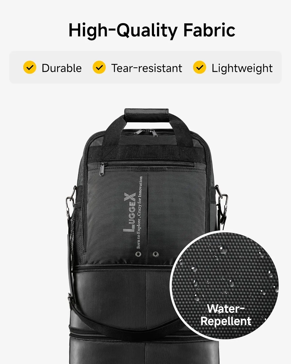 LUGGEX Expandable Underseat Carry On Luggage Bag with Wheels, Small Collapsible Luggage Suitcase without Telescopic Handle, Lightweight Rolling Travel Duffle Bag, Black