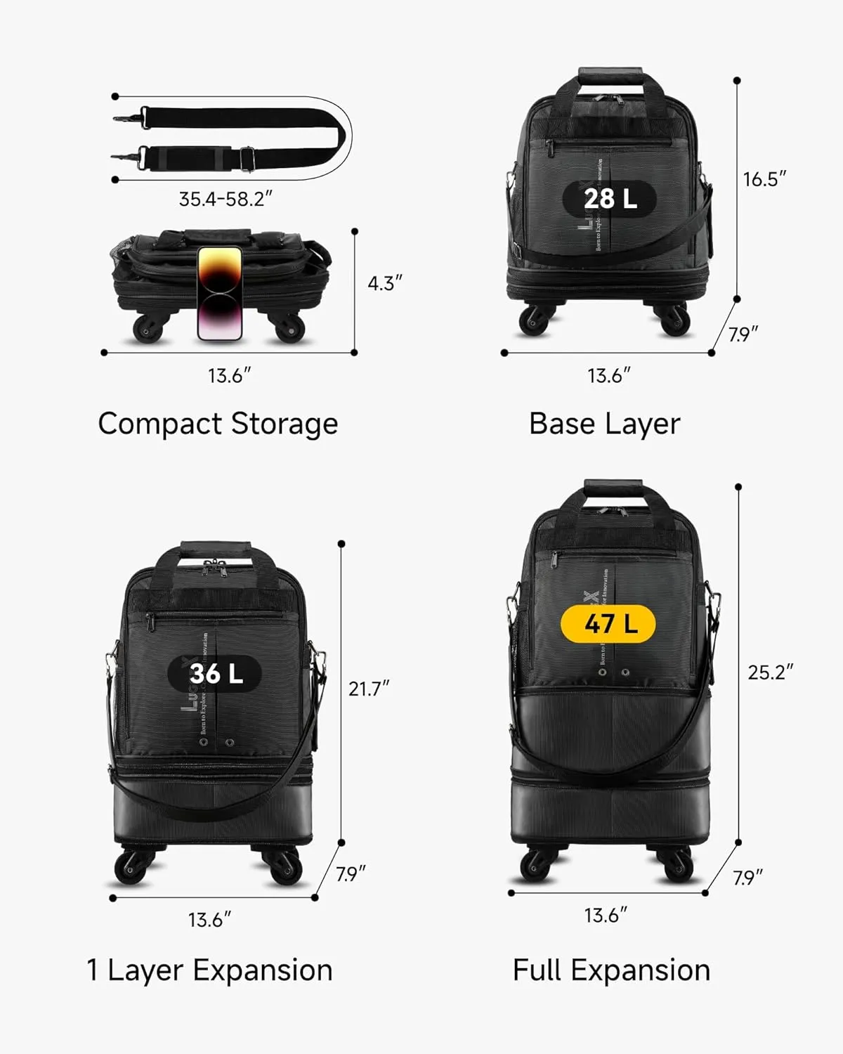 LUGGEX Expandable Underseat Carry On Luggage Bag with Wheels, Small Collapsible Luggage Suitcase without Telescopic Handle, Lightweight Rolling Travel Duffle Bag, Black