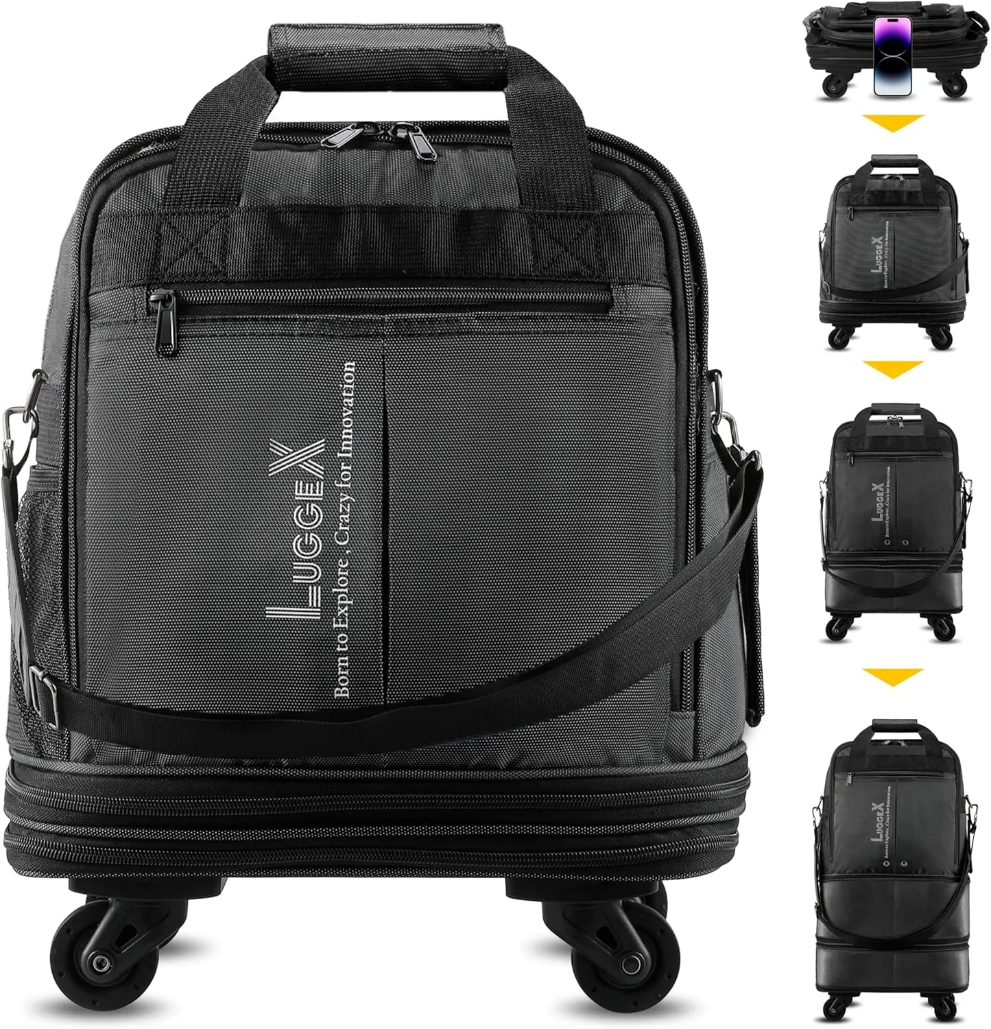 LUGGEX Expandable Underseat Carry On Luggage Bag with Wheels, Small Collapsible Luggage Suitcase without Telescopic Handle, Lightweight Rolling Travel Duffle Bag, Black