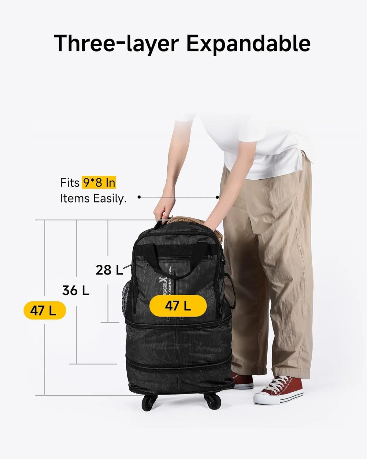 LUGGEX Expandable Underseat Carry On Luggage Bag with Wheels, Small Collapsible Luggage Suitcase without Telescopic Handle, Lightweight Rolling Travel Duffle Bag, Black