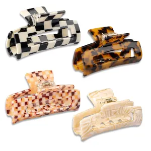 Magicsky 4PCS Hair Claw Clips, Acrylic Banana Barrettes Butterfly French Jaw Clip, Big Hair Clip Hairclips for Thick Thin Hair- Styling Accessories for Women Girls, Large Checkerboard, Leopard, White