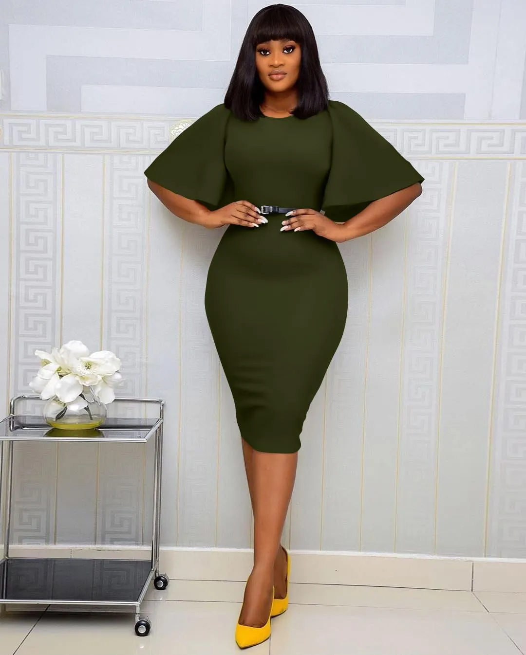 Memoriesea Women's Basic Bodycon Ruffle Flared Short Sleeve Pencil Midi Dress